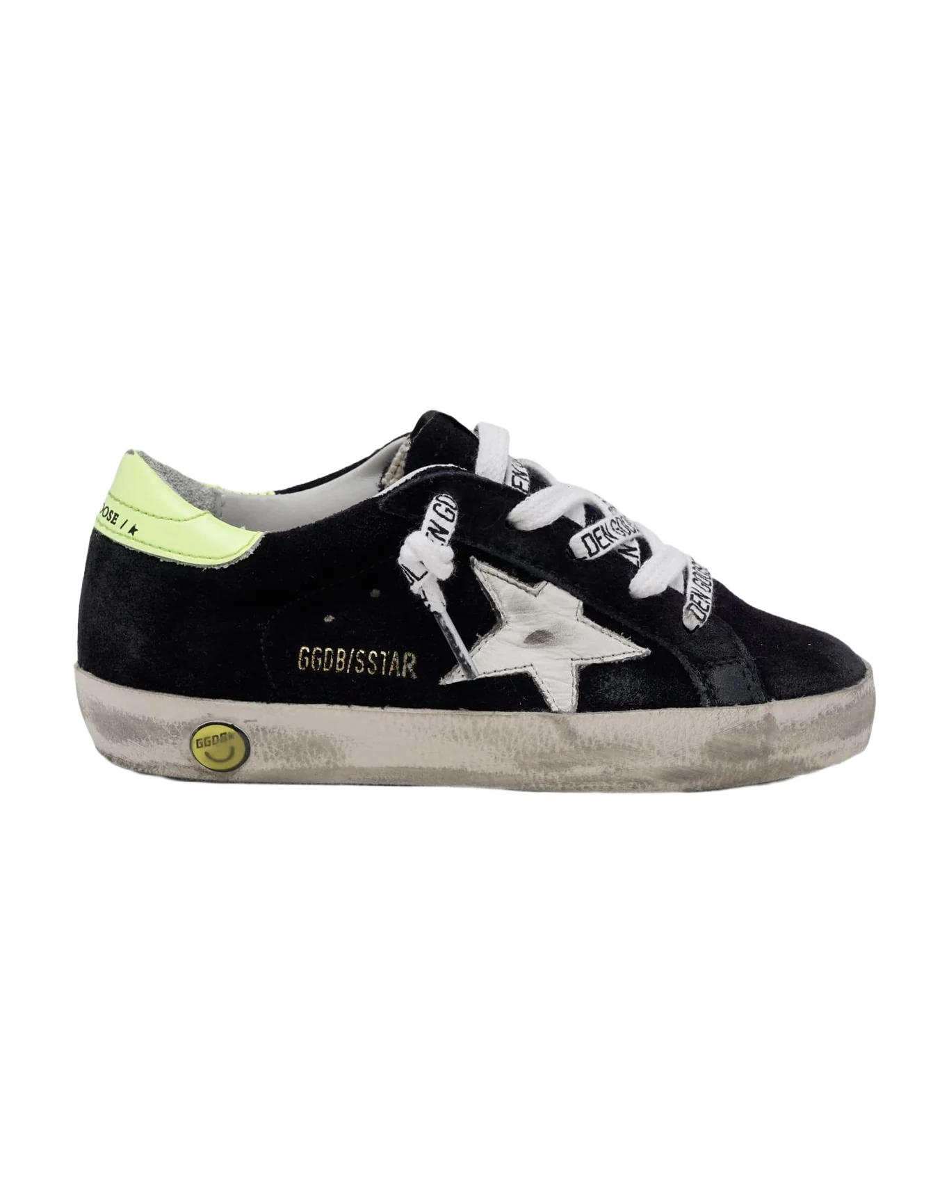 Kids | Dark Blue Suede Super-Star Sneakers with Yellow Heel Tab | Night Blue x White x Yellow Fluo (V2) - Image 3