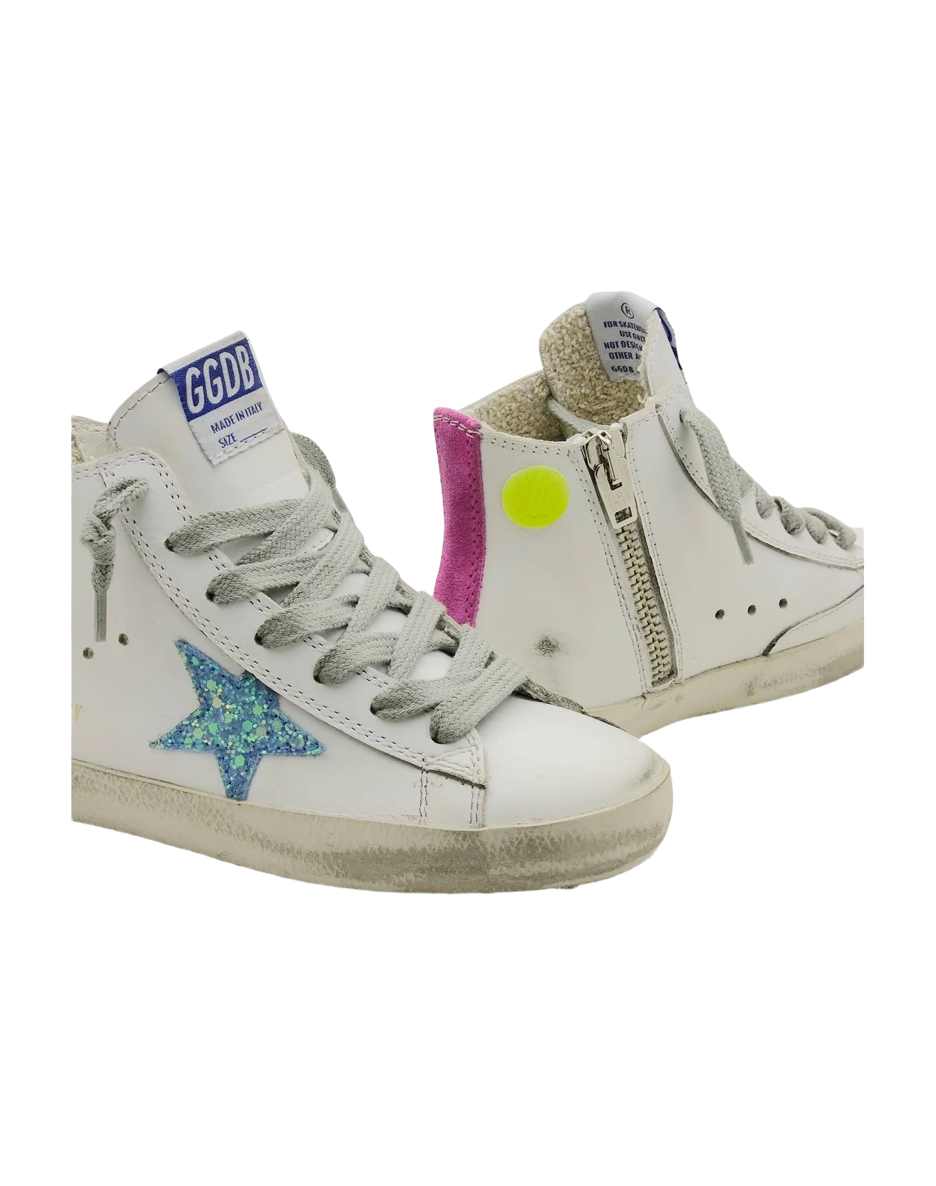 Kids | Francy with White Leather, Light Blue Star with Pallettes & Fucsia Fluo Detail | White x Light Blue x Fuchsia Fluo