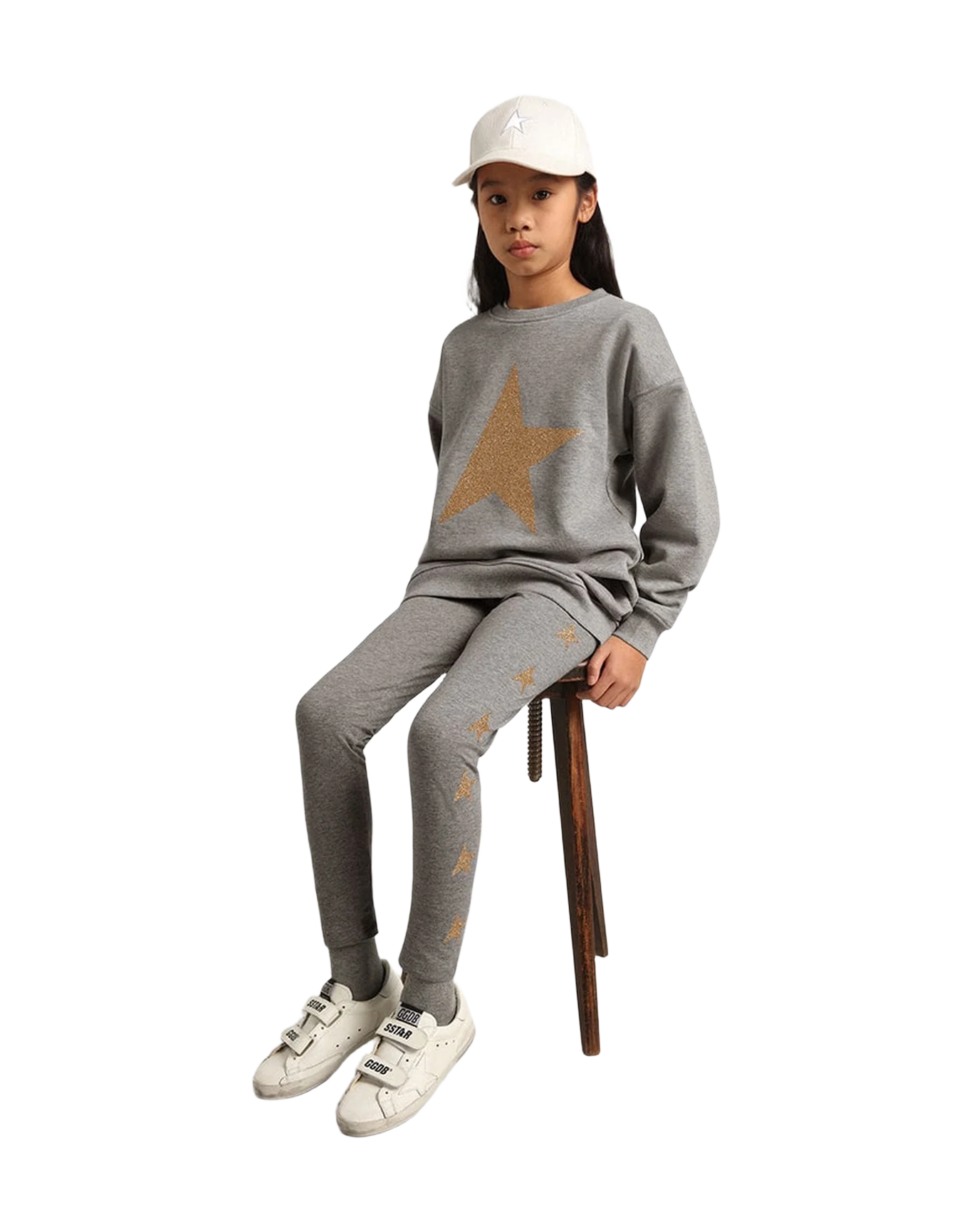 Kids | Grey Star Collection Sweatpants with Gold Glitter Stars On Both Sides | Grey Melange x Gold - Image 3
