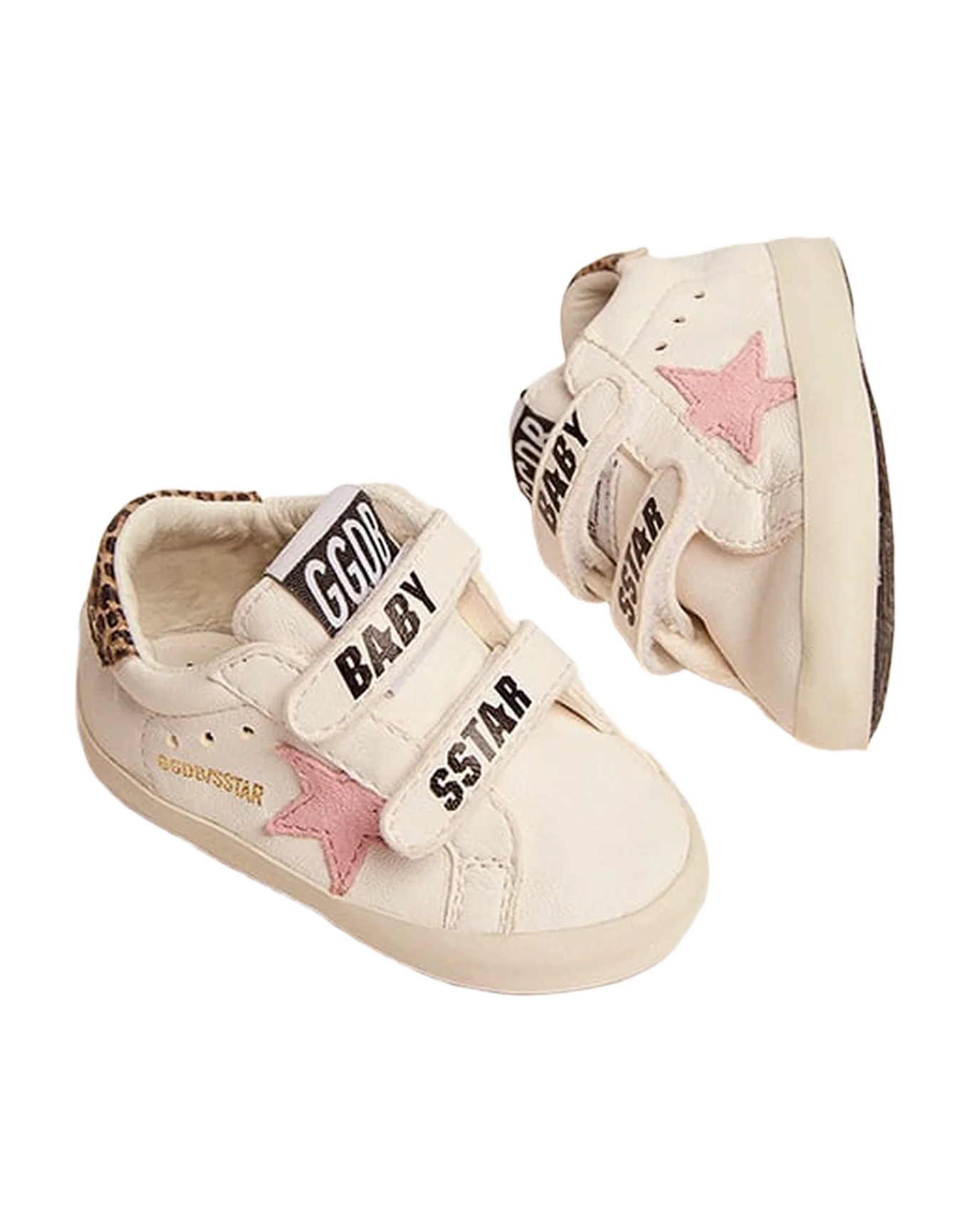 Kids | June Nappa Leather with Pink Star & Leopard Heel Tab | White x Baby Pink x Beige Brown Leo - Image 7