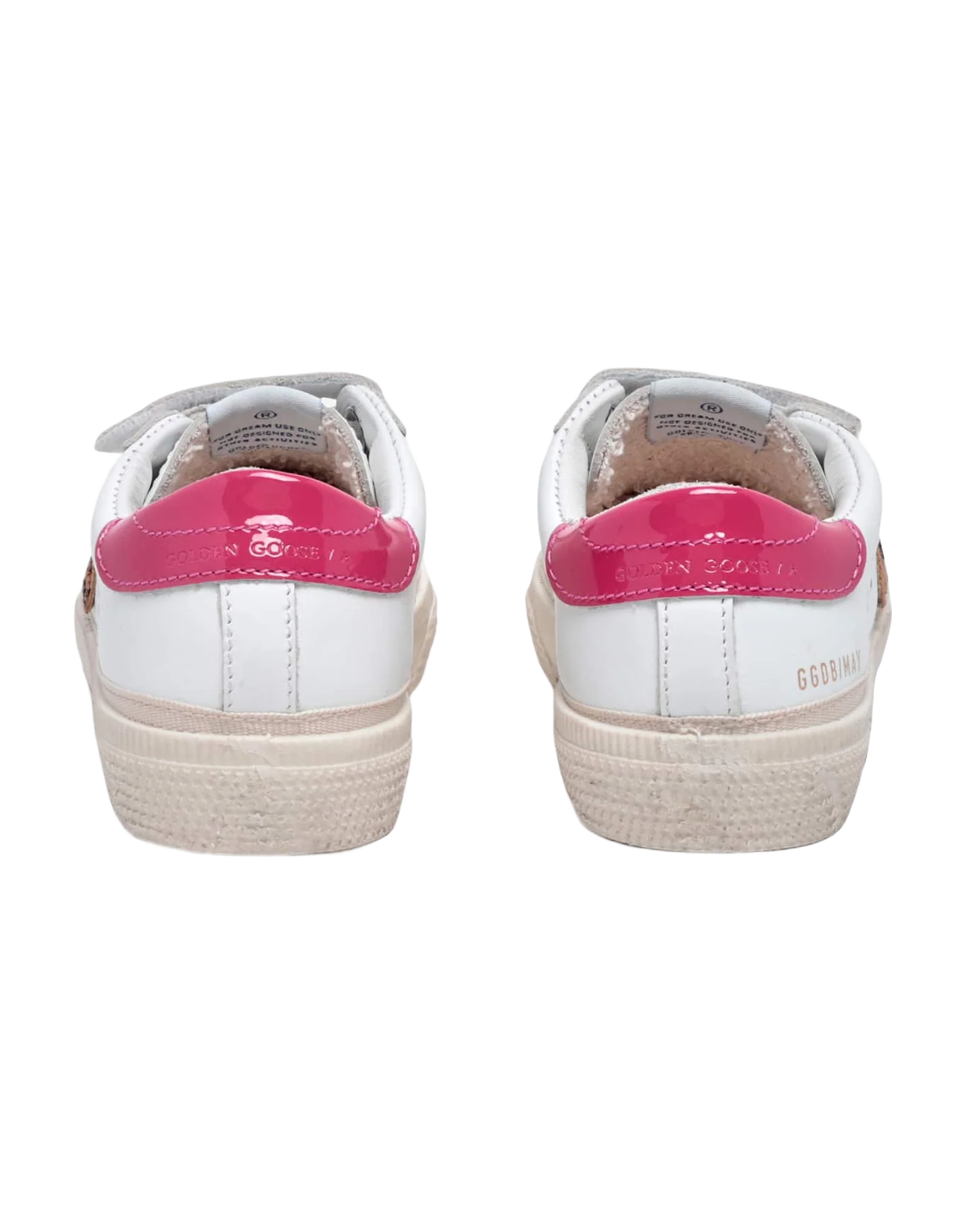 Kids | May Junior Sneakers White Leather with Leopard Pony Skin Star & Fucsia Lucid Heel Tab | White x Beige Brown Leo x Fuxia - Image 6