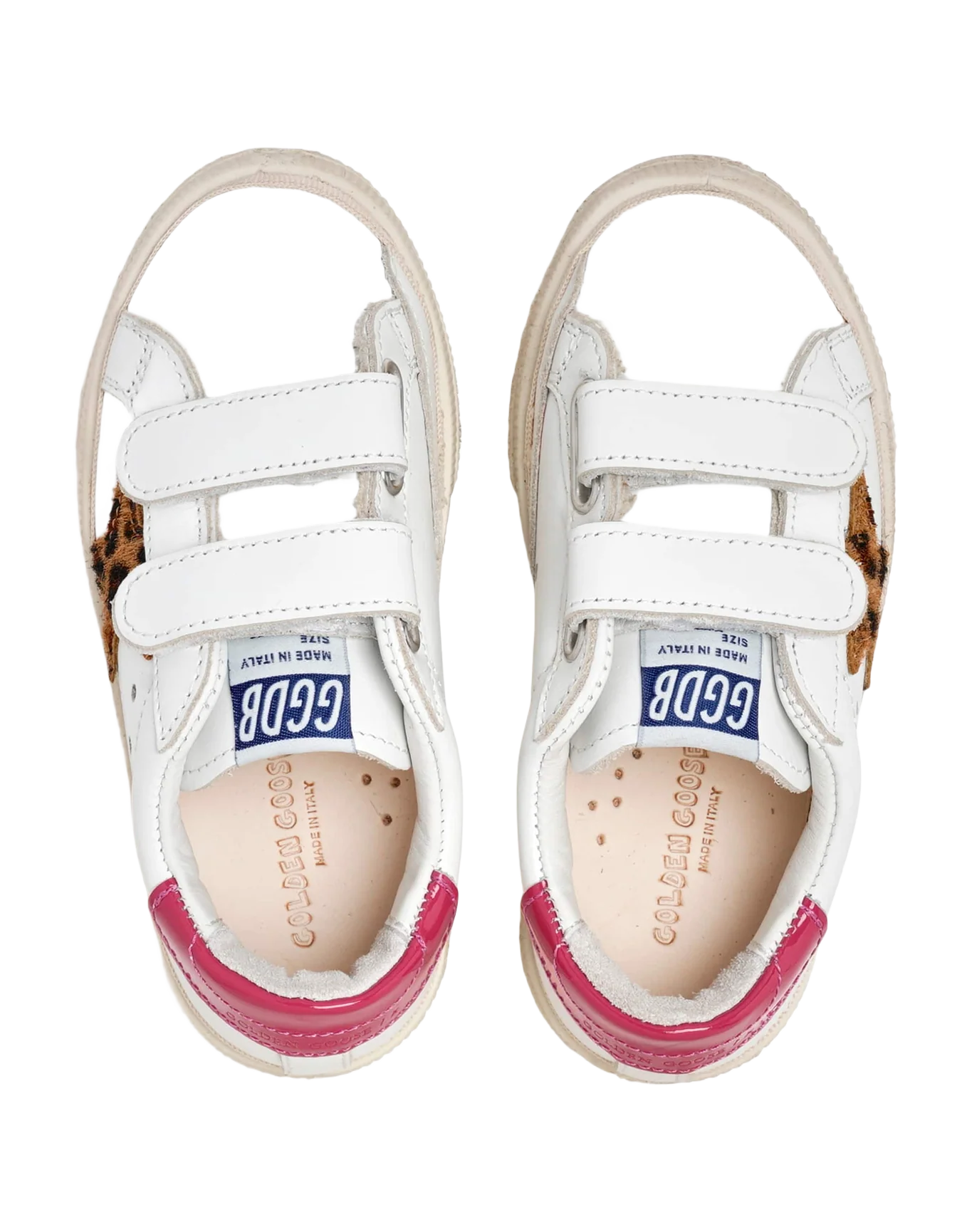 Kids | May Junior Sneakers White Leather with Leopard Pony Skin Star & Fucsia Lucid Heel Tab | White x Beige Brown Leo x Fuxia - Image 8