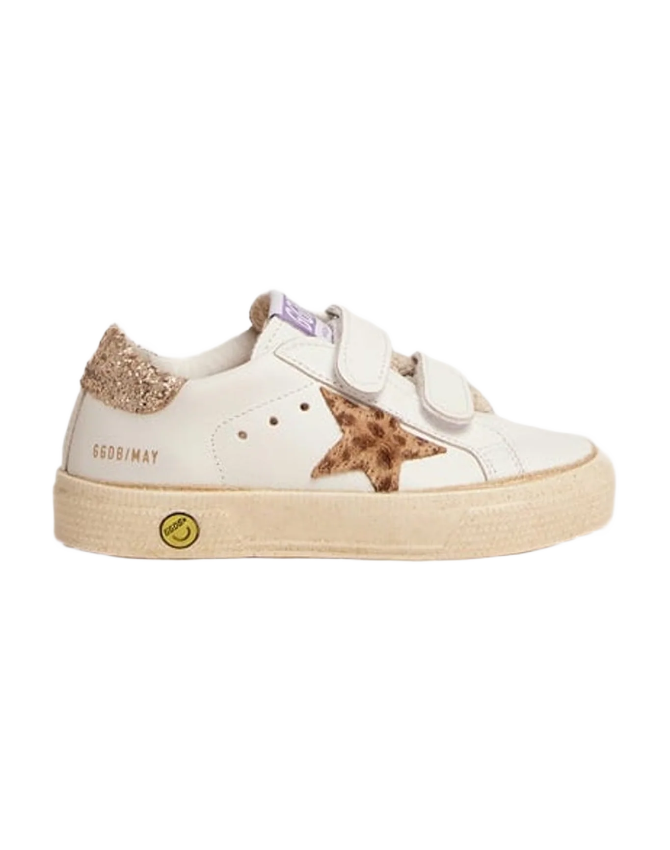 Kids | May School Sneakers White Leather with Giraffe Pony Skin Star & Gold Glitter Heel Tab | White x Cream Light Brown Giraffe x Gold