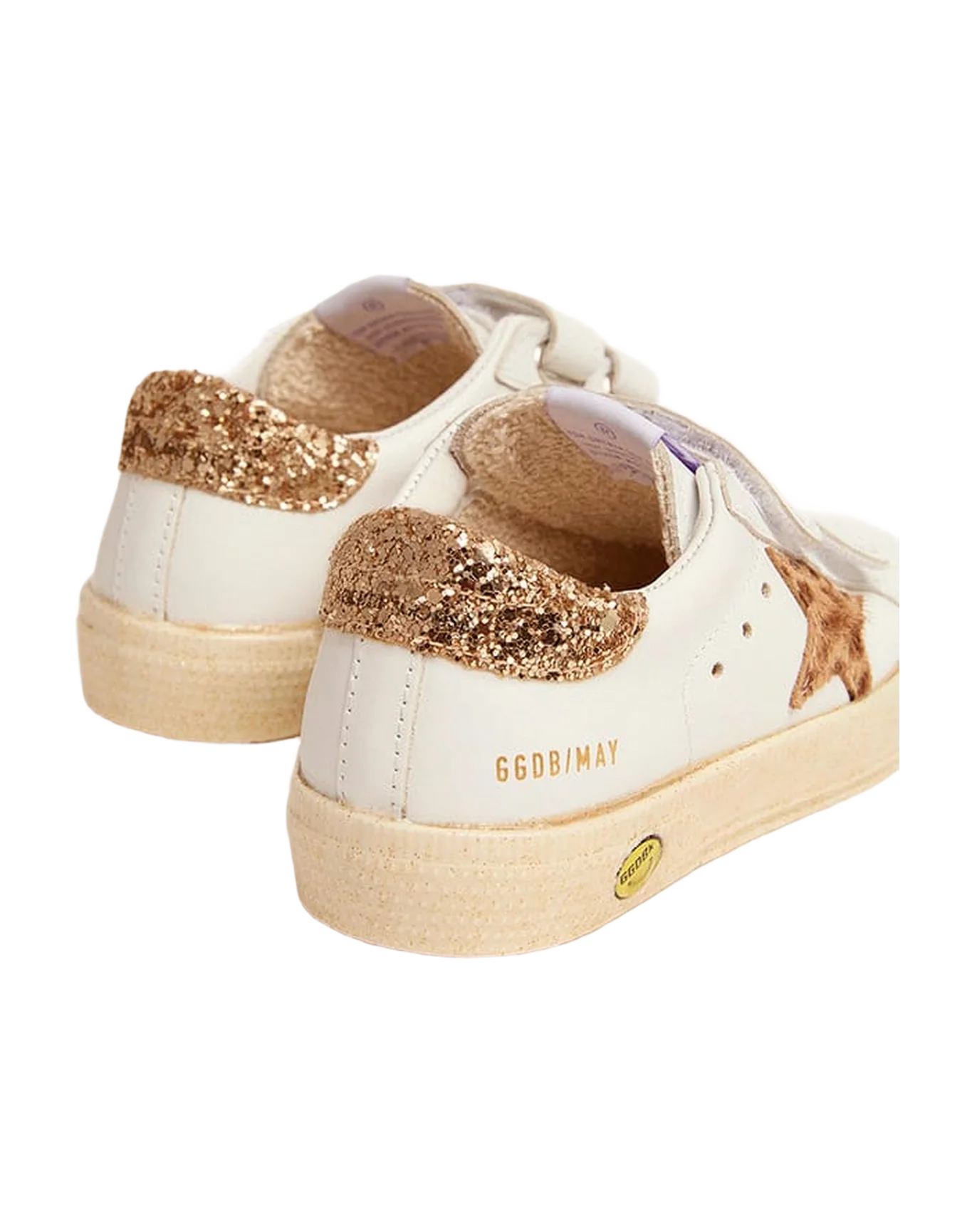 Kids | May School Sneakers White Leather with Giraffe Pony Skin Star & Gold Glitter Heel Tab | White x Cream Light Brown Giraffe x Gold - Image 6
