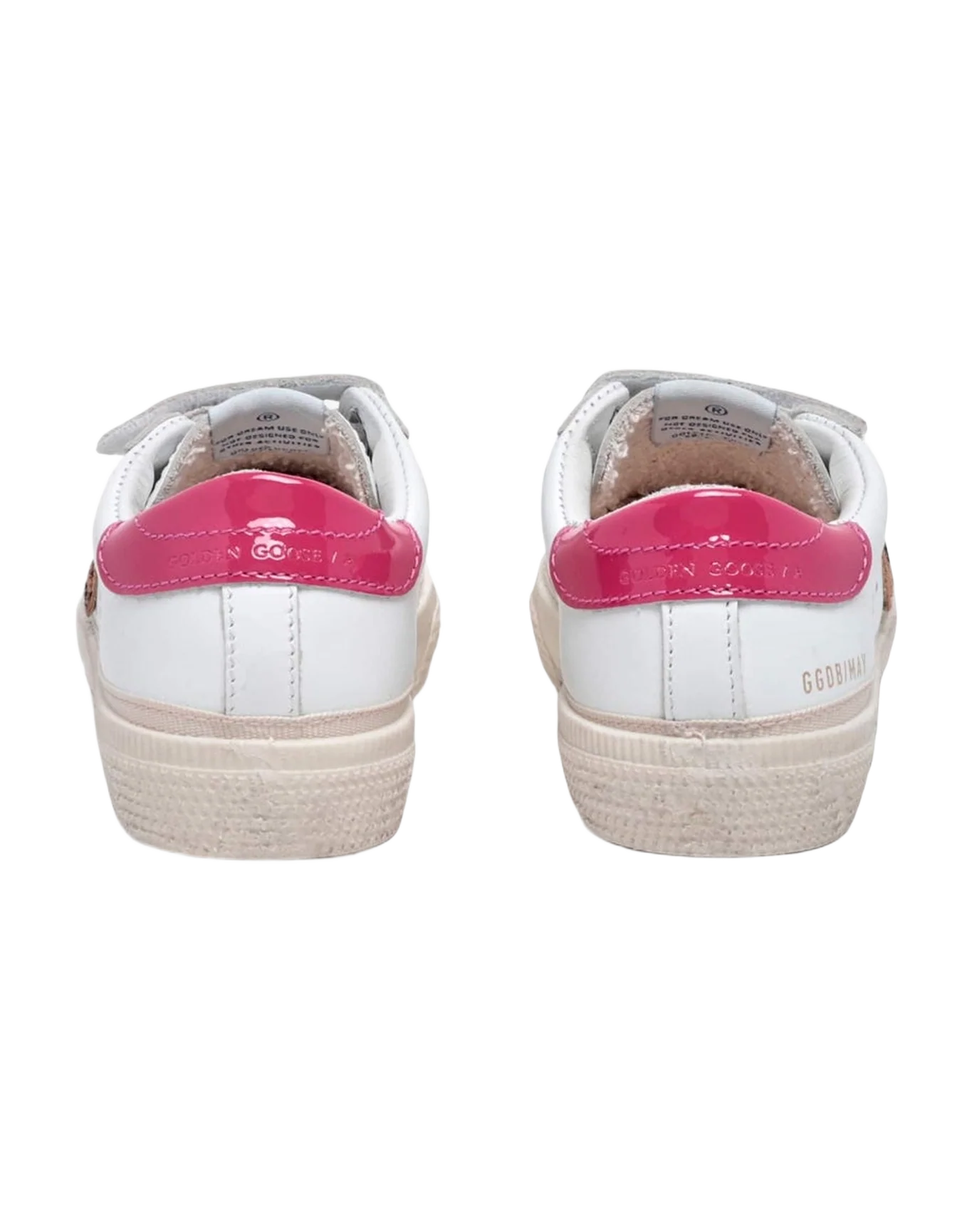 Kids | May Sneakers White Leather with Leo Pony Skin Star & Shiny Heel Tab | White x Beige Brown Leo x Fuxia