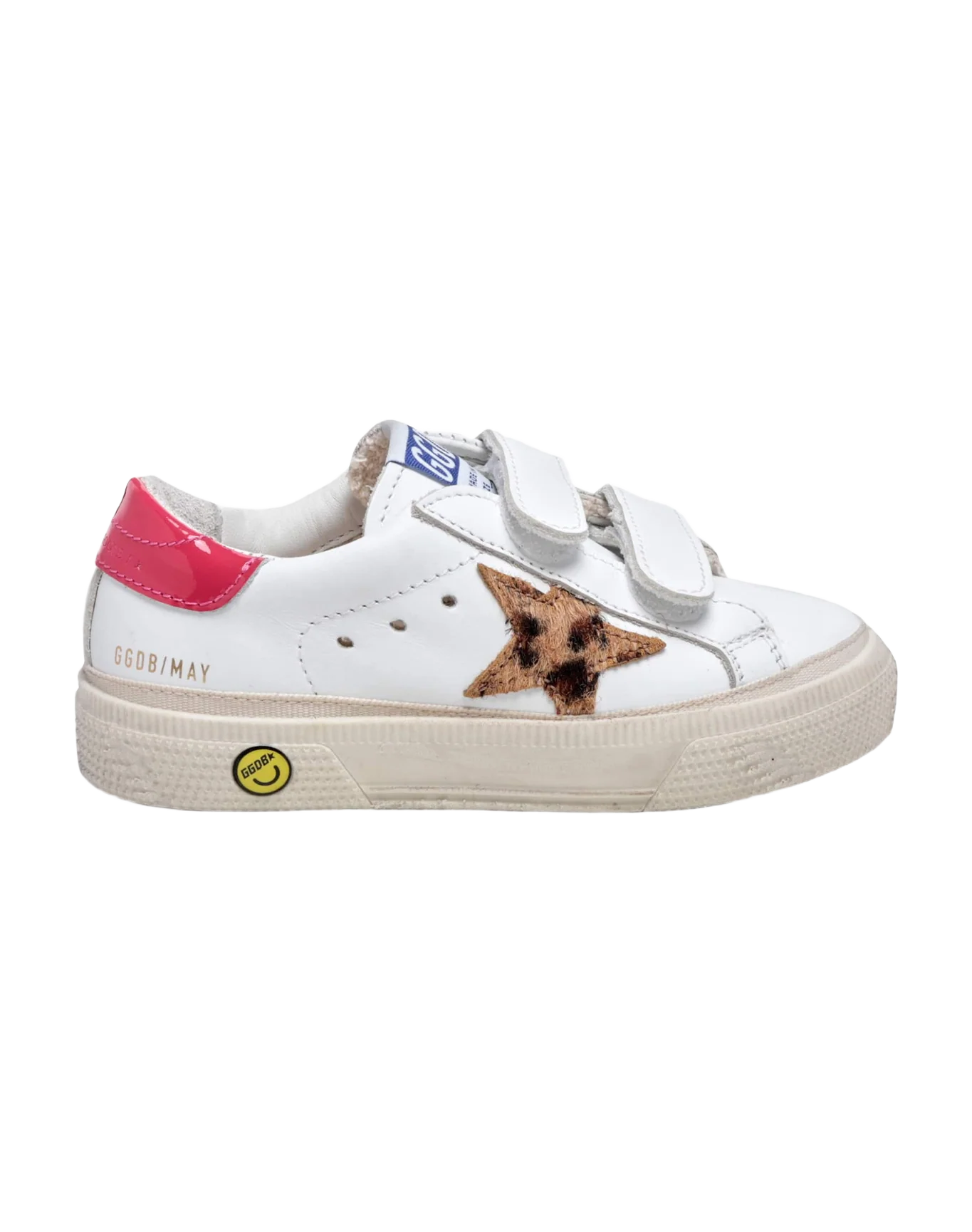 Kids | May Sneakers White Leather with Leo Pony Skin Star & Shiny Heel Tab | White x Beige Brown Leo x Fuxia - Image 4