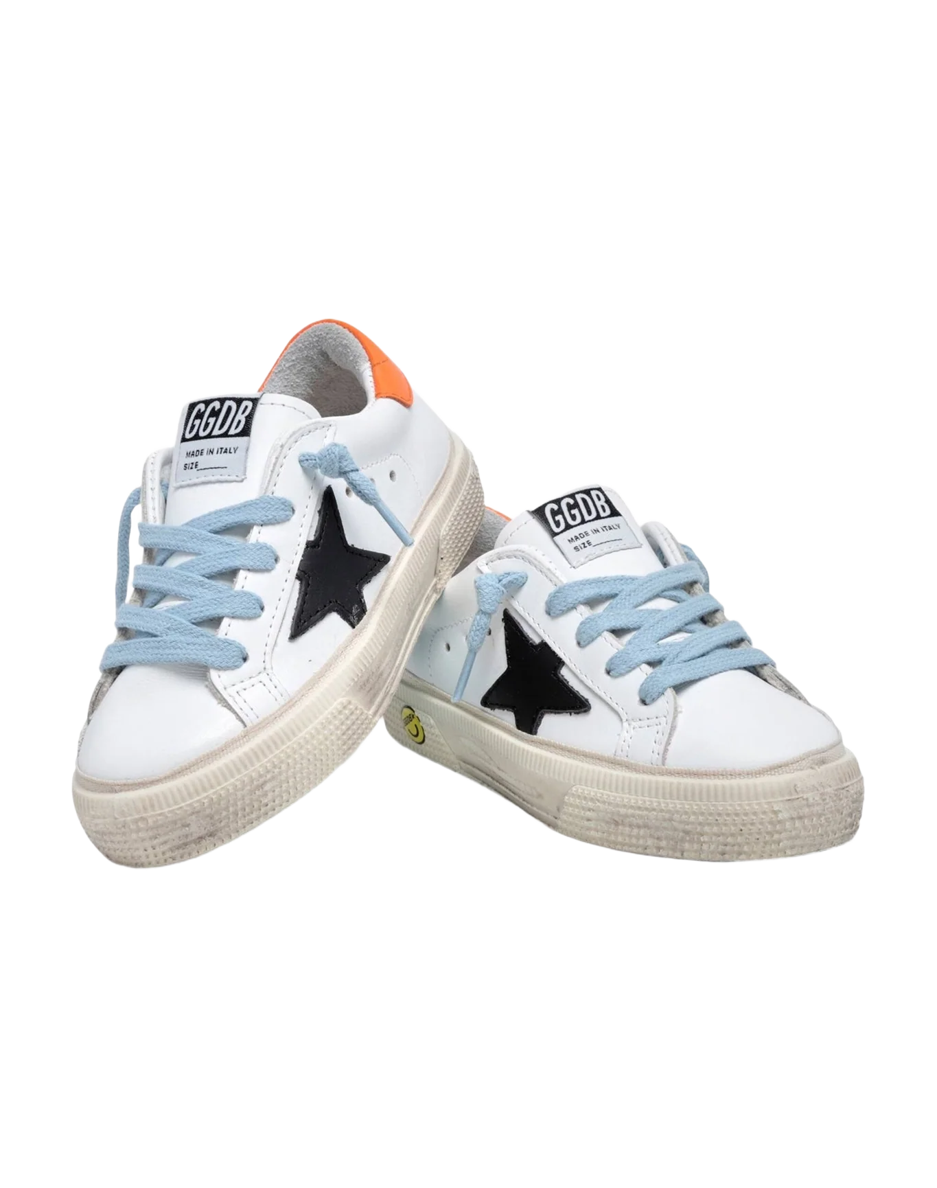 Kids | May White Leather with Black Star & Orange Heel Tab | White x Black x Fluo Orange