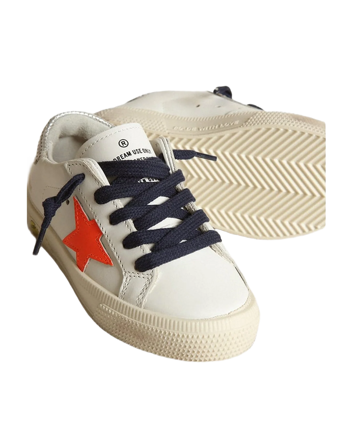 Kids | May White Leather with Orange Star & Dark Blue Laces | White x Fluo Orange x Silver