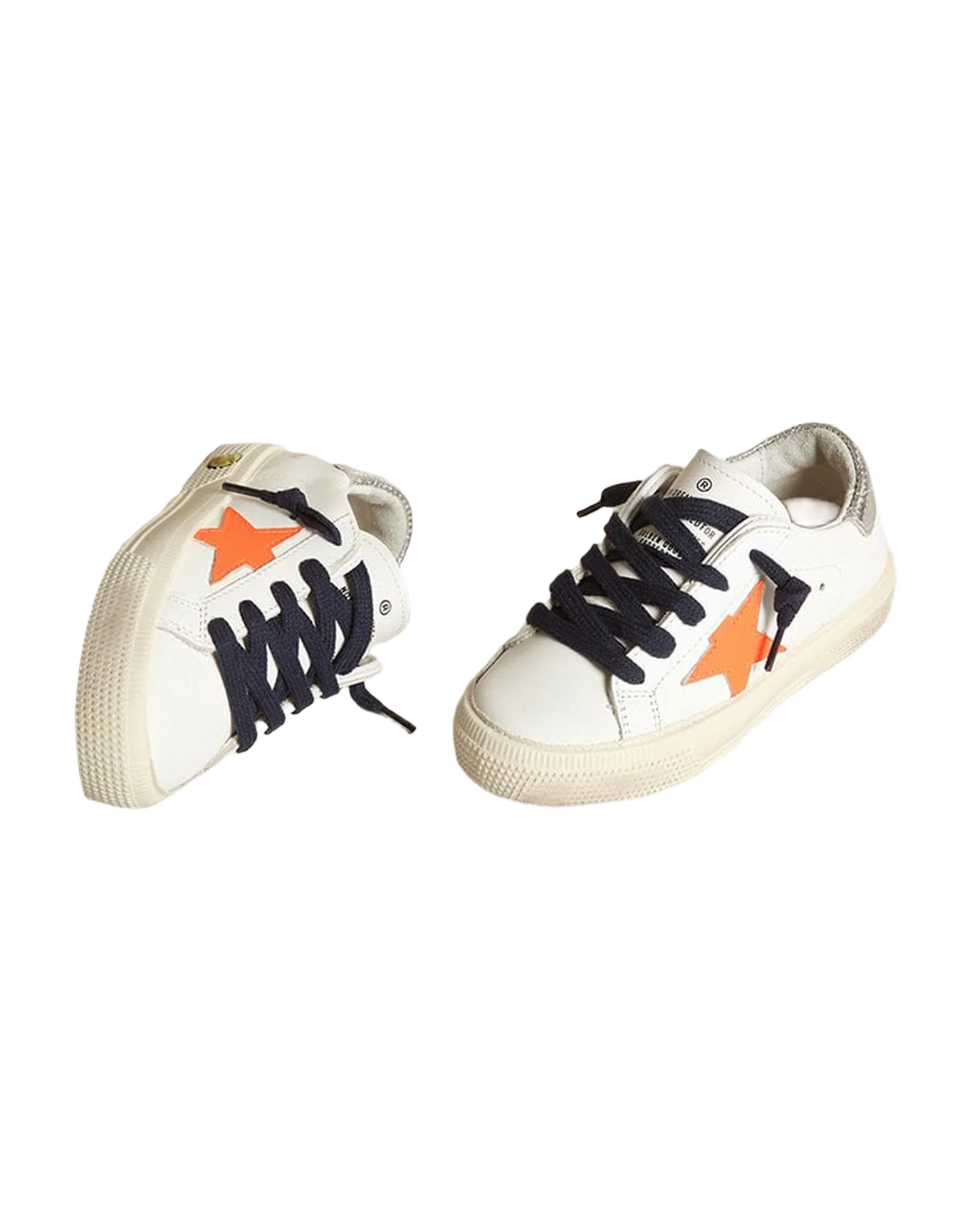 Kids | May White Leather with Orange Star & Dark Blue Laces | White x Fluo Orange x Silver - Image 4