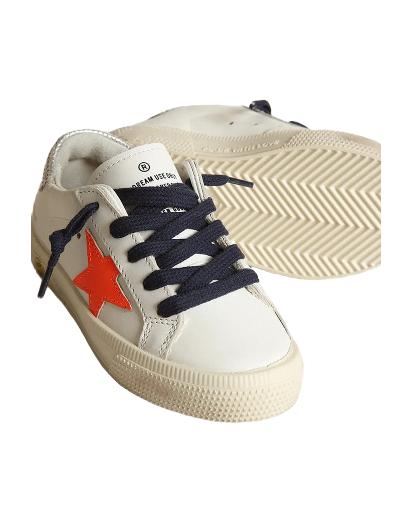 Kids | May White Leather with Orange Star & Dark Blue Laces | White x Fluo Orange x Silver - Image 5