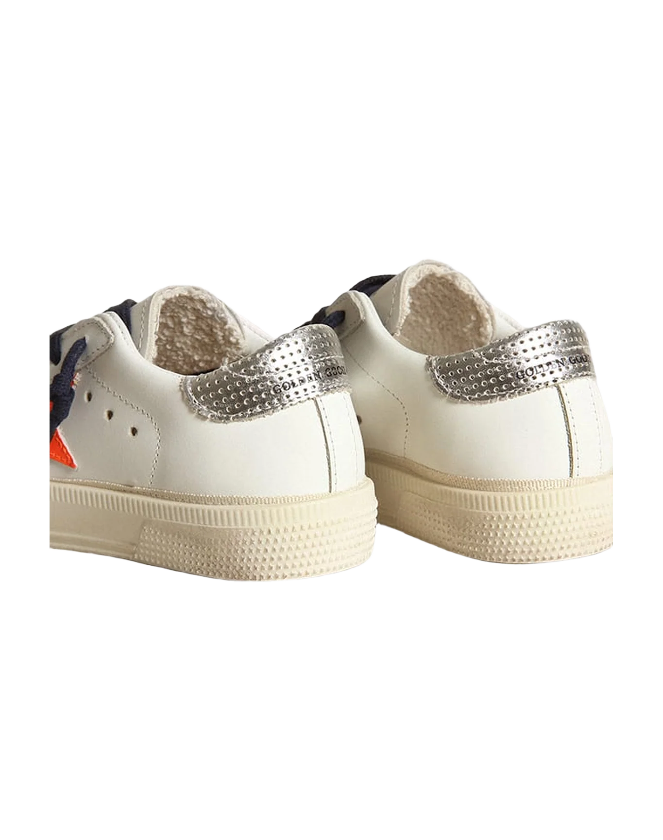 Kids | May White Leather with Orange Star & Dark Blue Laces | White x Fluo Orange x Silver - Image 6