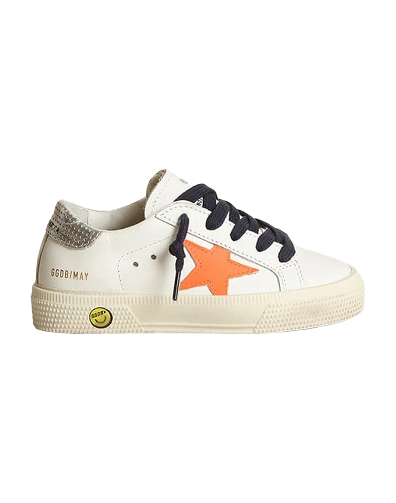 Kids | May White Leather with Orange Star & Dark Blue Laces | White x Fluo Orange x Silver - Image 8