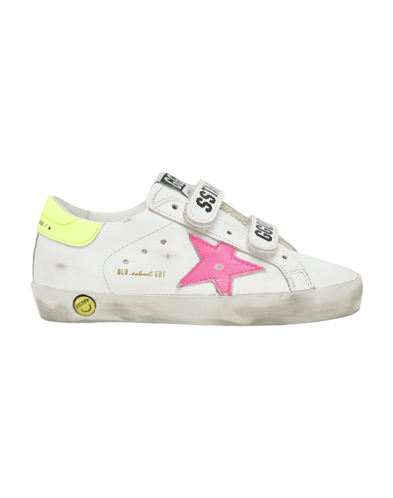 Kids | Old School Junior with White Leather & Fluo Pink Star | White x Fluo Pink x Fluo Yellow - Image 6