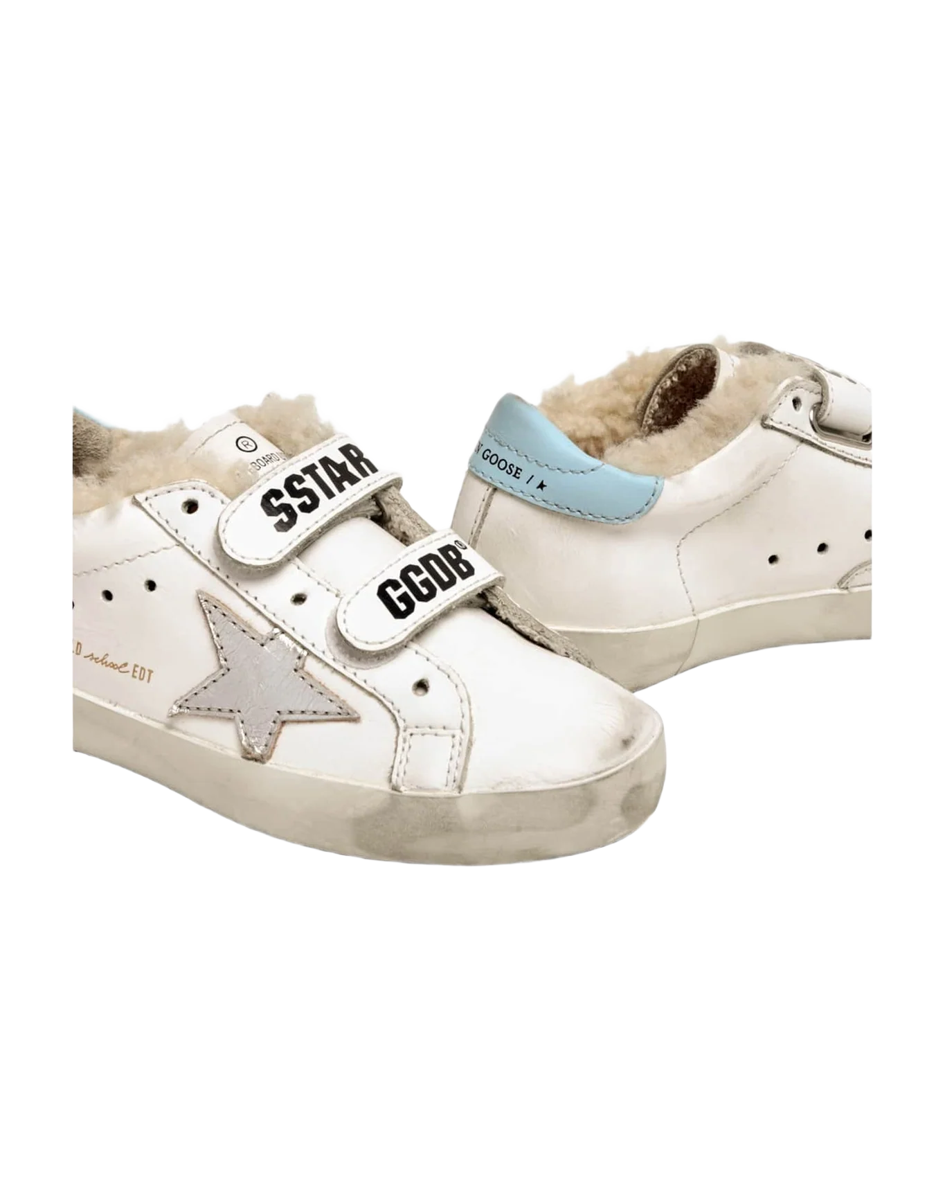 Kids | Old School Sneakers with Shearling Interior & Silver Star | White x Silver x Aquamarine