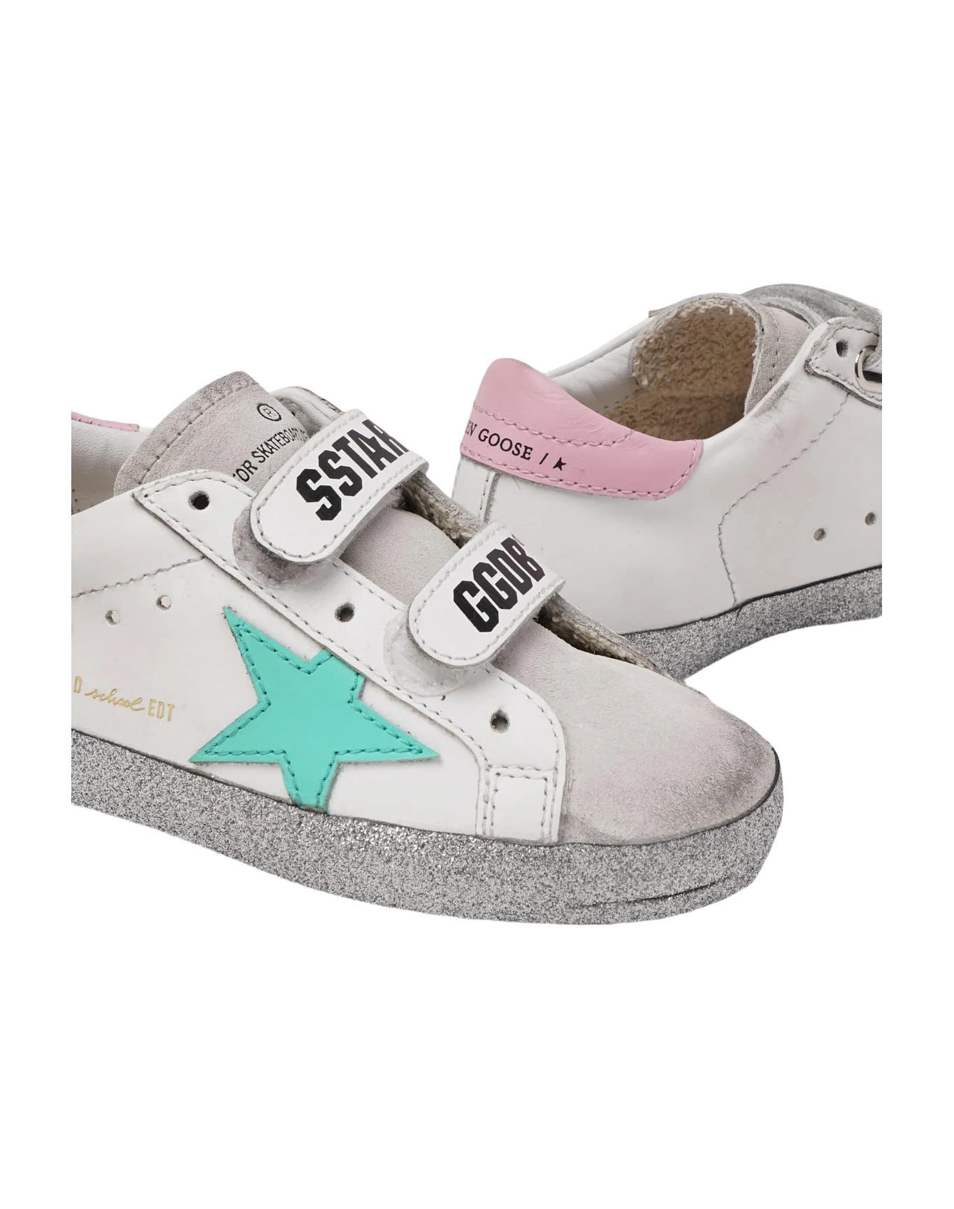 Kids | Old School Sneakers with Soles Sprinkled with Silver Glitter & Biscay-Green Star | White x Ice x Biscay Green x Pink - Image 6