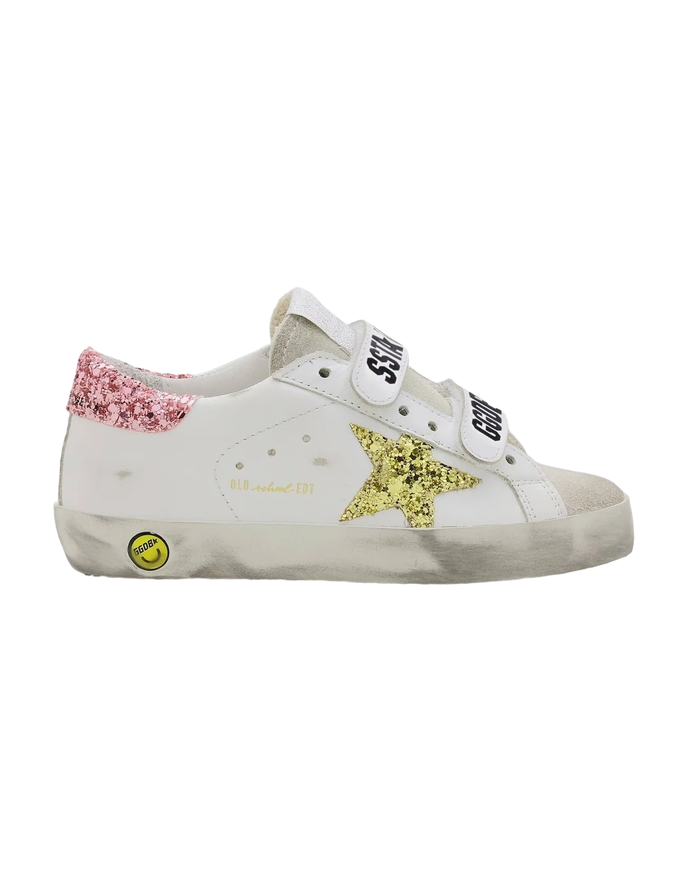 Kids | Old School Sneakers with Velcro Fastening & Glitter Details | Ice x White x Gold x Salmon Pink