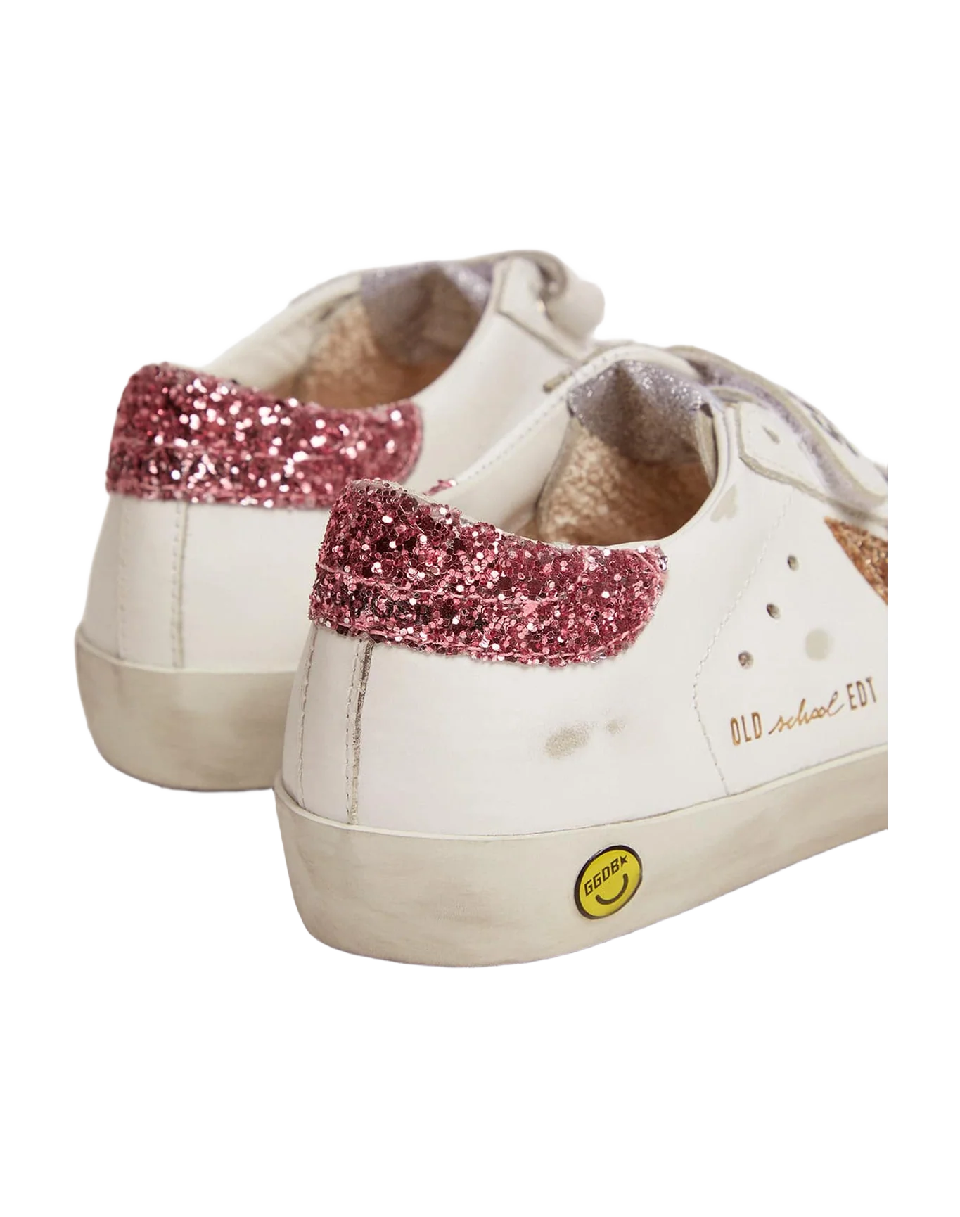 Kids | Old School Sneakers with Velcro Fastening & Glitter Details | Ice x White x Gold x Salmon Pink - Image 2