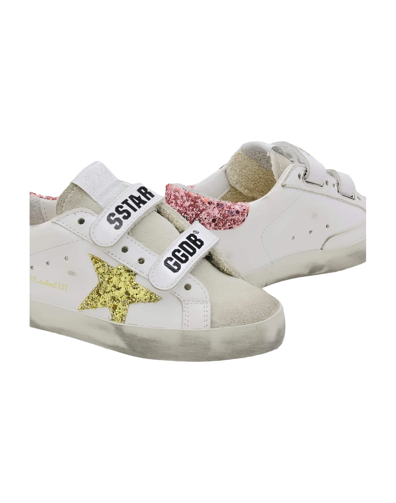 Kids | Old School Sneakers with Velcro Fastening & Glitter Details | Ice x White x Gold x Salmon Pink - Image 3