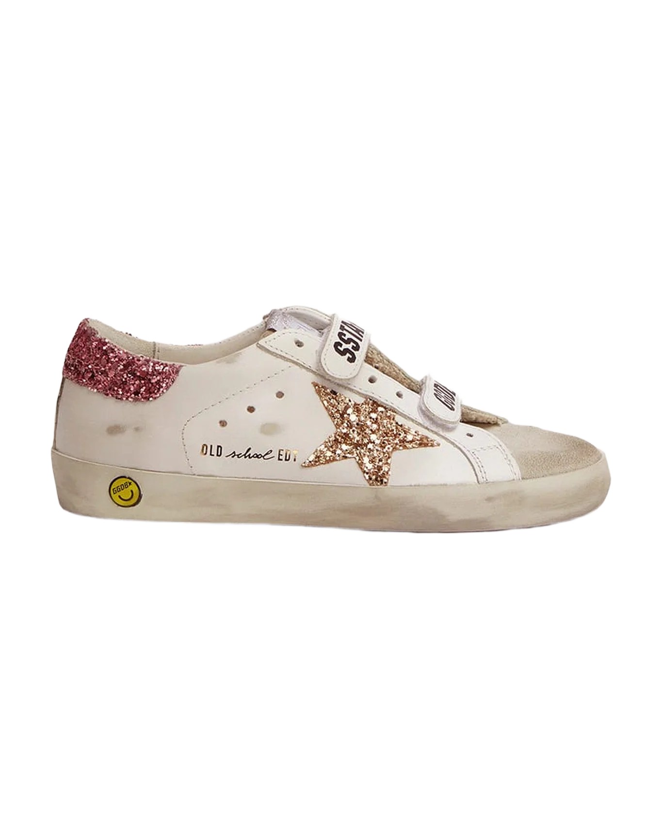 Kids | Old School Sneakers with Velcro Fastening & Glitter Details | Ice x White x Gold x Salmon Pink - Image 4