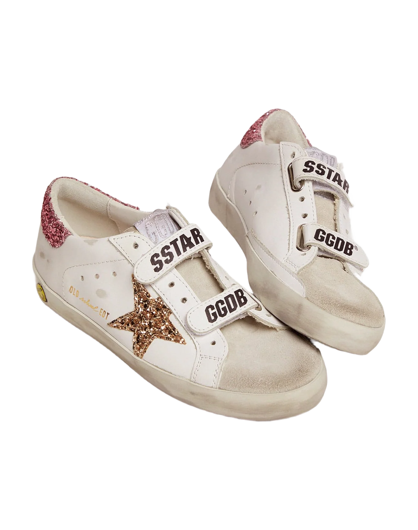Kids | Old School Sneakers with Velcro Fastening & Glitter Details | Ice x White x Gold x Salmon Pink - Image 6