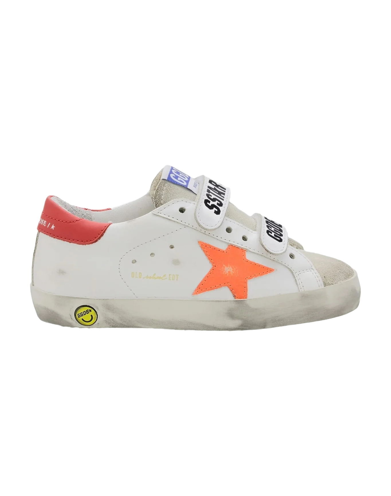 Kids | Old School Teen White Leather with Fluorescent Orange Star & Red Heel Tab | White x Ice x Orange Fluo x Cherry Red