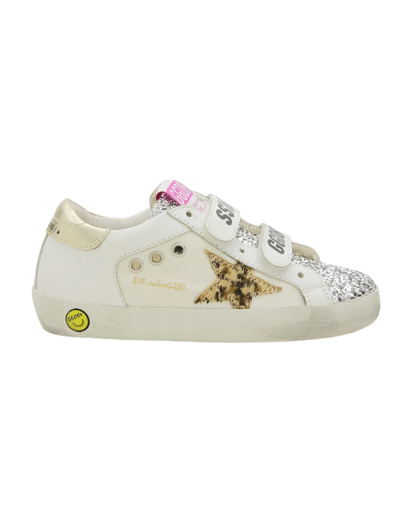 Kids | Old School Young White Leather with Leopard Pony Skin Star & Laminated Gold Leather Heel Tab | White x Silver x Beige Brown Leo x Platinum - Image 3