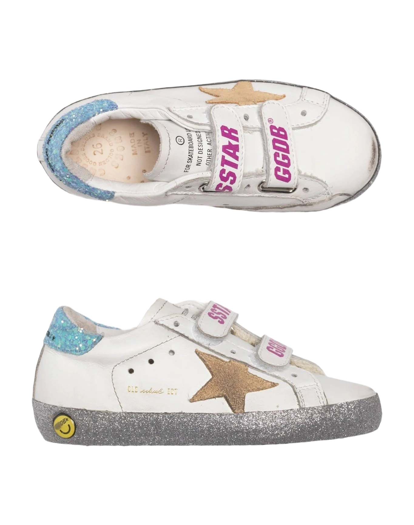 Kids | Old School Young White Leather with Yellow Suede Star & Turquoise Glitter Heel Tab