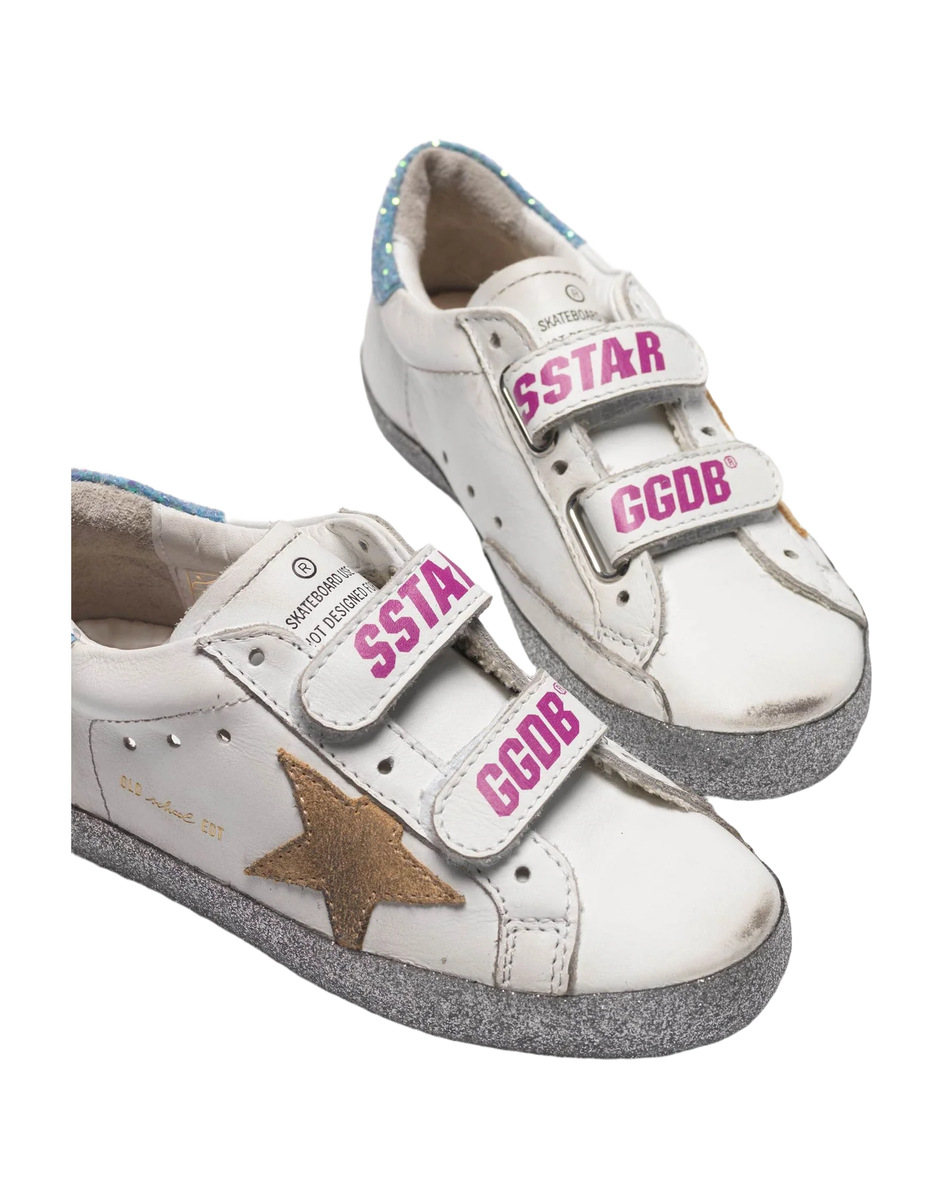 Kids | Old School Young White Leather with Yellow Suede Star & Turquoise Glitter Heel Tab - Image 3