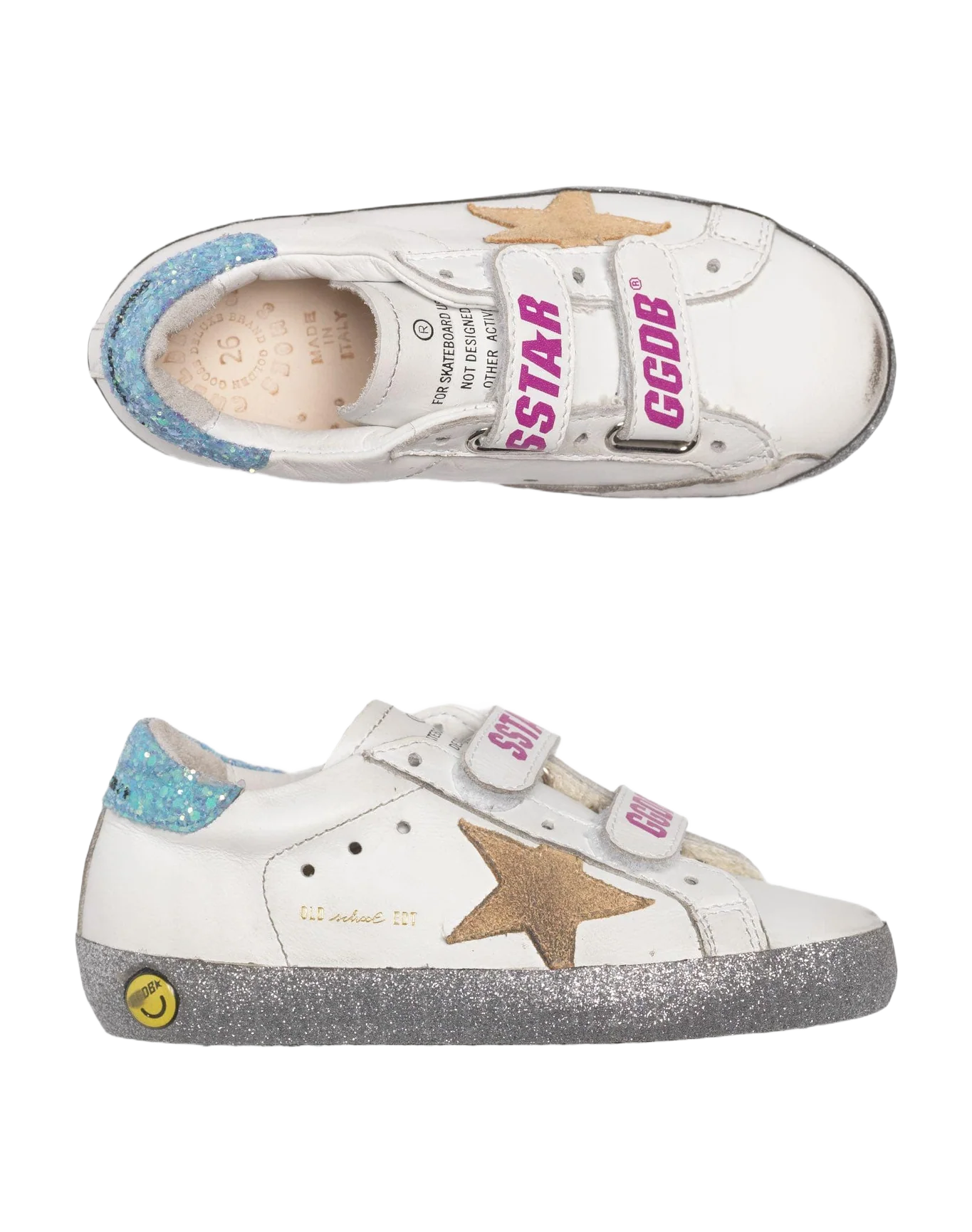 Kids | Old School Young White Leather with Yellow Suede Star & Turquoise Glitter Heel Tab - Image 4