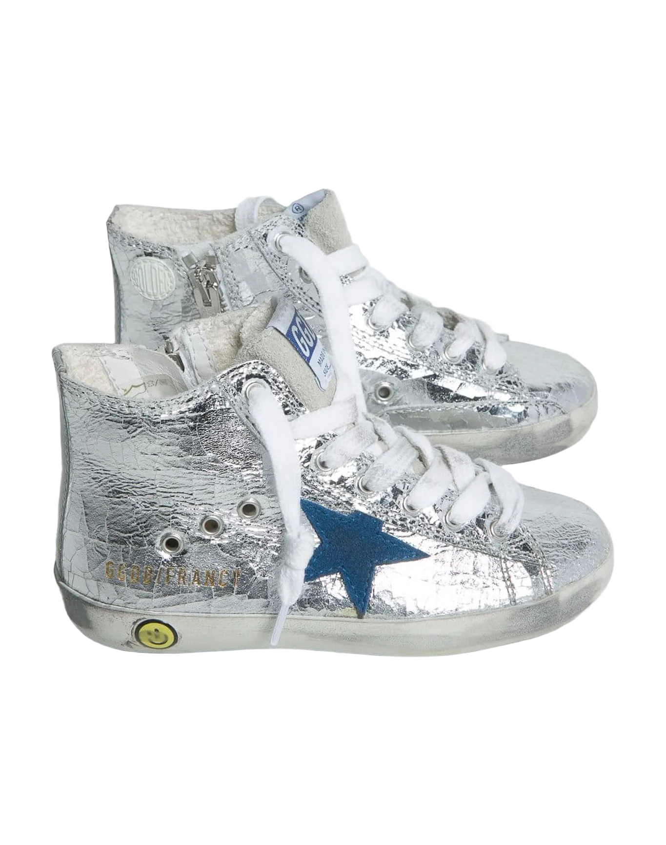 Kids | Silver Francy Young Sneakers with Blue Suede Star & White Laces - Image 2