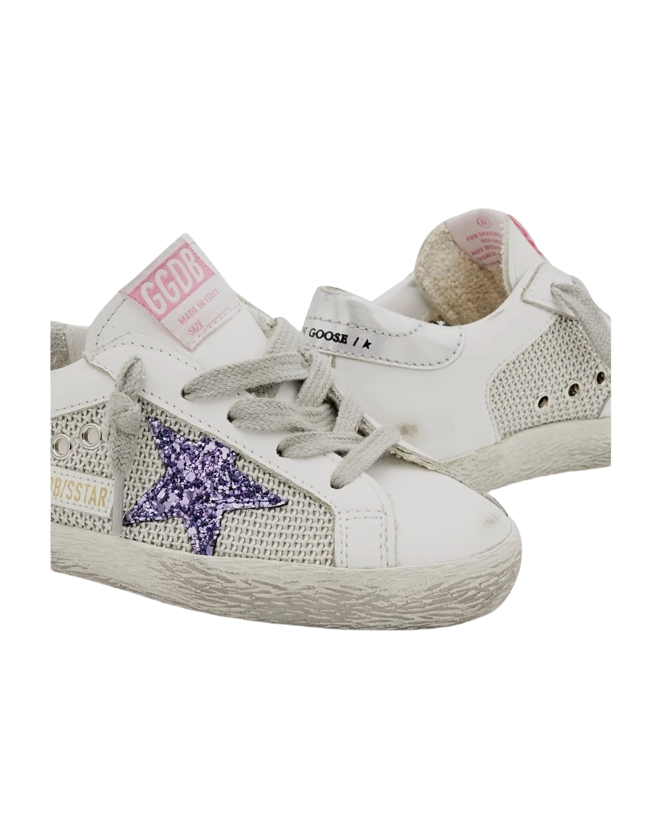 Kids | Super-Star Junior White Leather with Captain Blu Glitter Star & Silver Heel Tab | Light Silver x White x Captain Blue x Silver