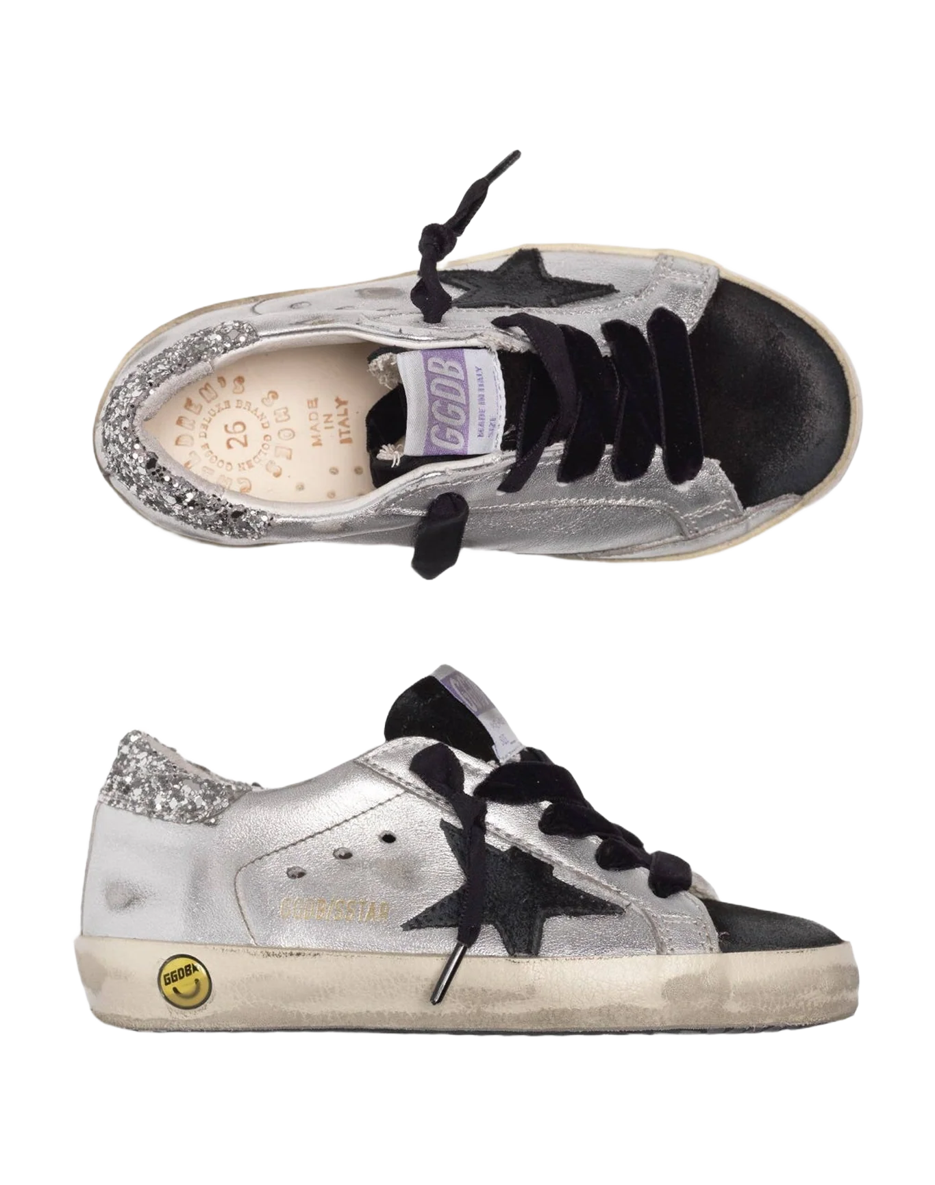 Kids | Super-Star Sneakers Silver Metallic Leather with Black Star & Glitter Heel Tab