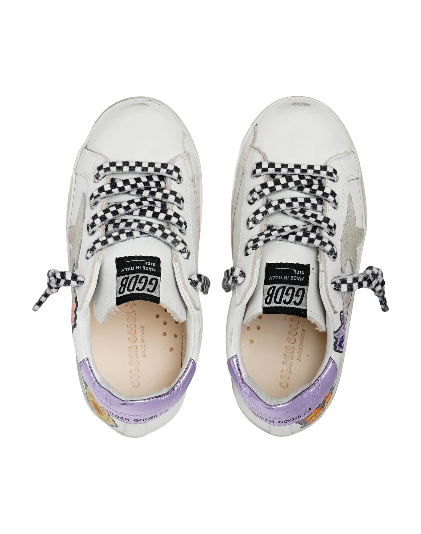 Kids | Super-Star Sneakers White Leather with Flowers & Lilac Laminated Heel Tab | White x Multicolor x Ice x Lavender - Image 4
