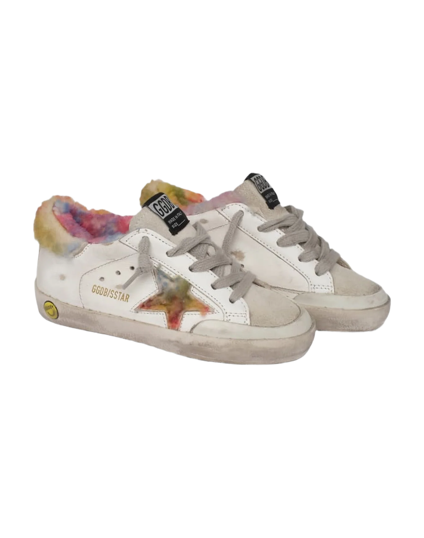 Kids | Super-Star Sneakers with Rainbow Shearling Inserts | White x Multicolor x Ice - Image 6