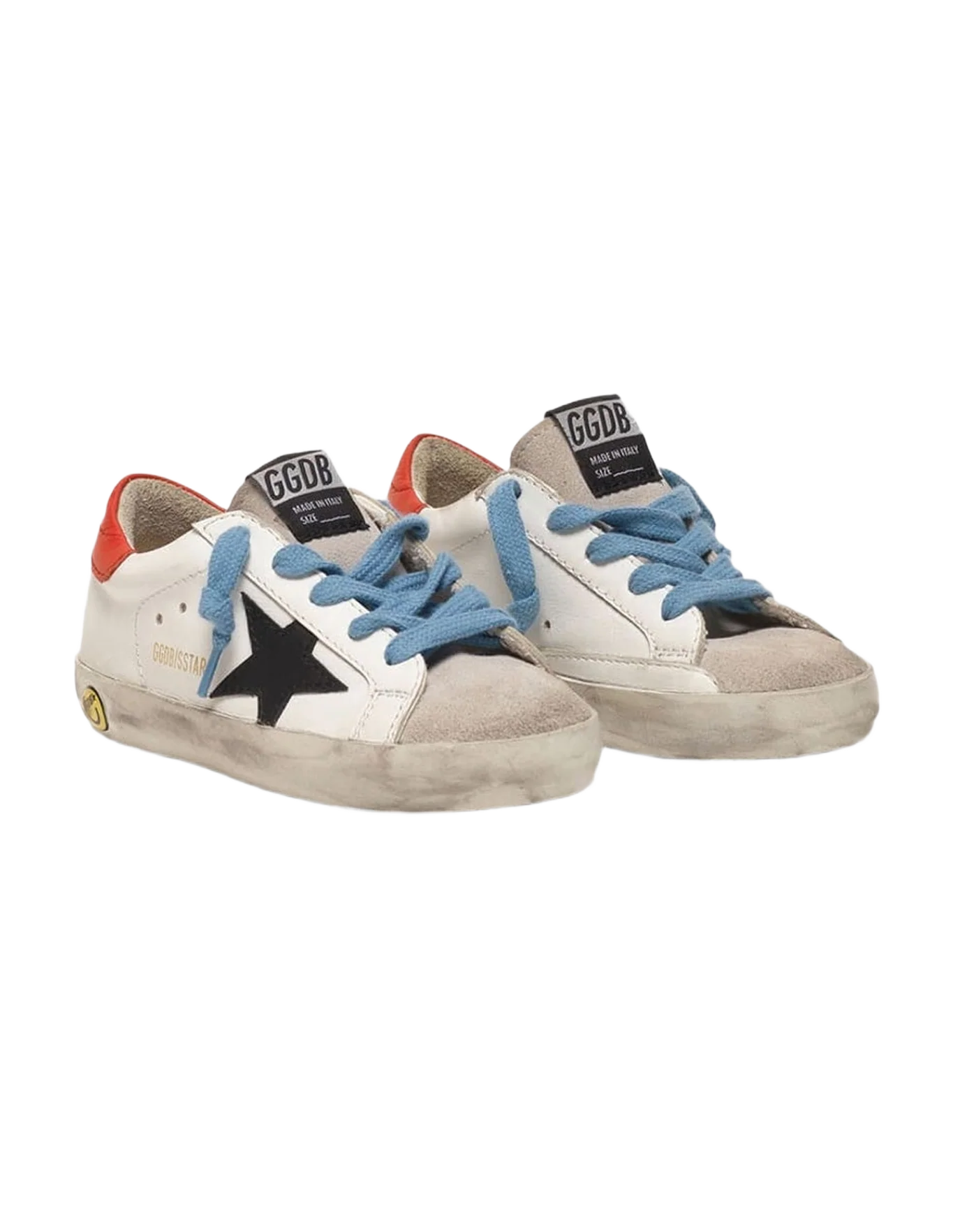 Kids | Super-Star Sneakers with Red Heel Tab & Sky Blue Laces