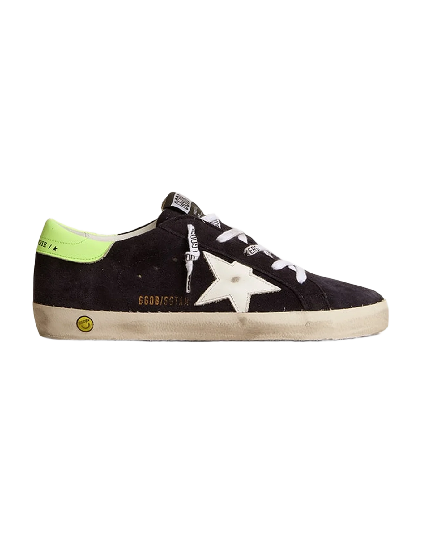Kids | Super-Star Teen Black Suede with White Leather Star & Fluorescent Yellow Leather Heel Tab | Night Blue x White x Yellow Fluo - Image 2