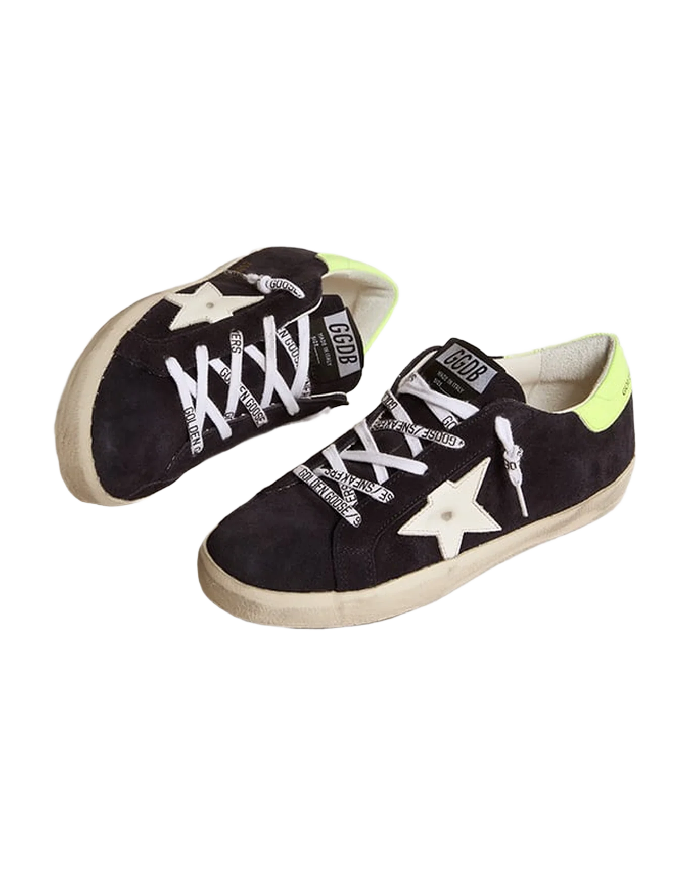 Kids | Super-Star Teen Black Suede with White Leather Star & Fluorescent Yellow Leather Heel Tab | Night Blue x White x Yellow Fluo - Image 3
