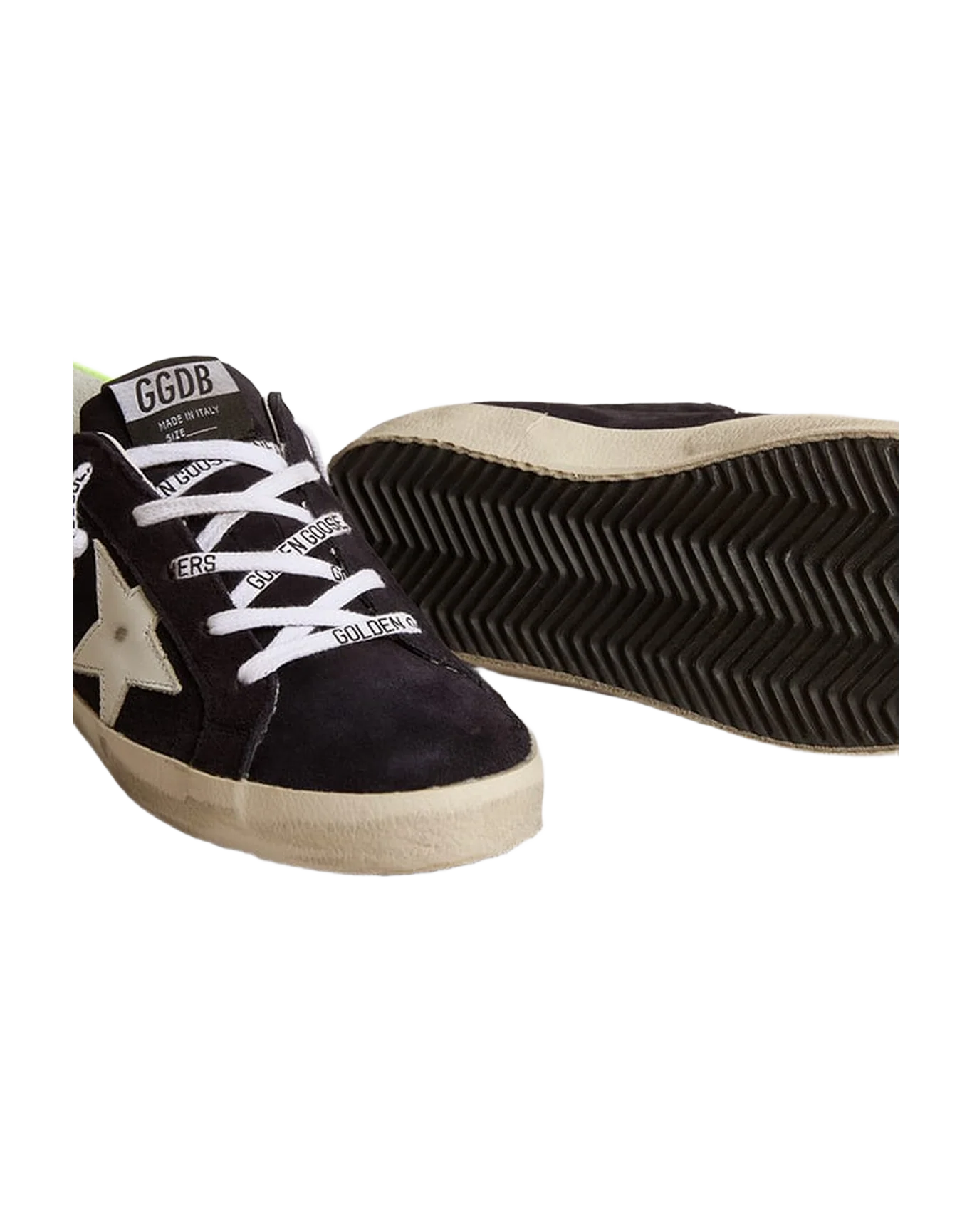 Kids | Super-Star Teen Black Suede with White Leather Star & Fluorescent Yellow Leather Heel Tab | Night Blue x White x Yellow Fluo - Image 6