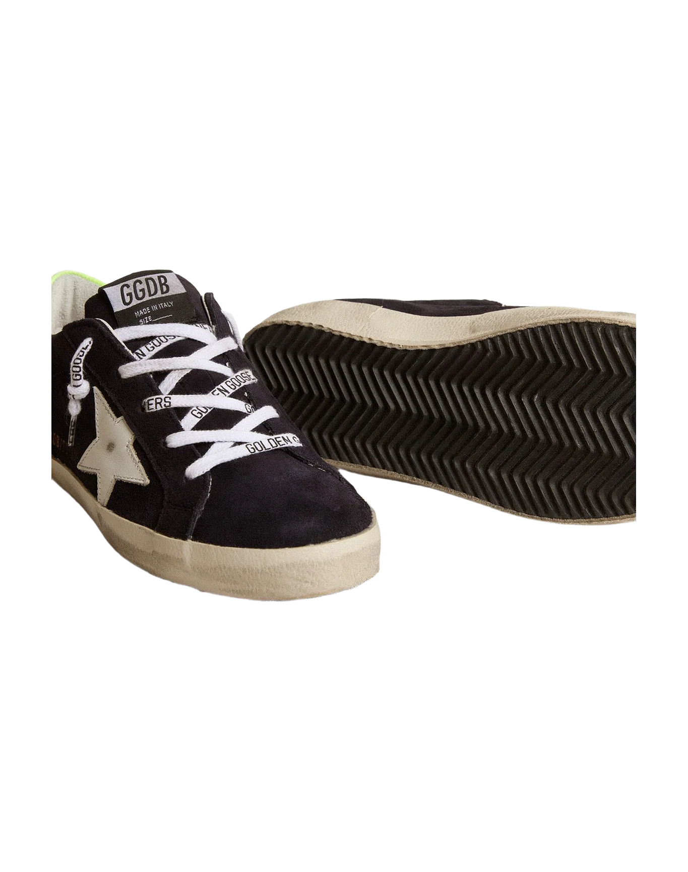Kids | Super-Star Teen Black Suede with White Leather Star & Fluorescent Yellow Leather Heel Tab | Night Blue x White x Yellow Fluo - Image 8