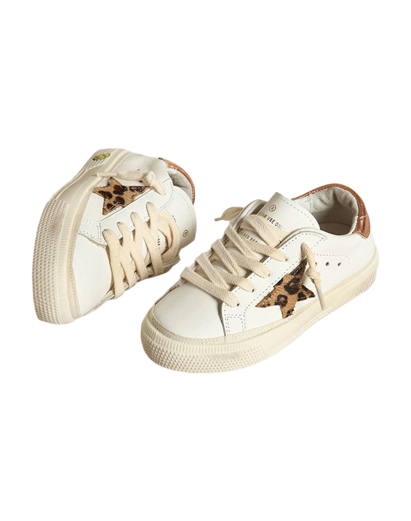 Kids | Super-Star Teen White Leather with Animal-Print Star & Brown Metallic Heel Tab | White x Beige Brown Leo x Chocolate Brown
