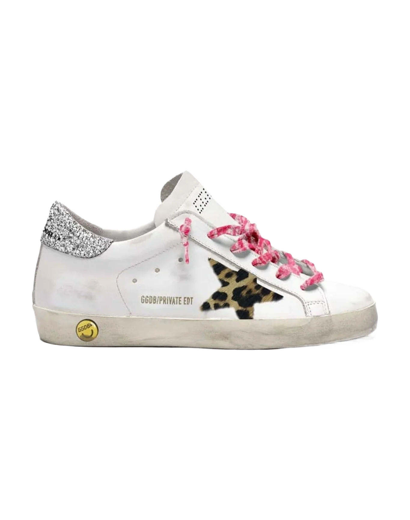 Kids | Super-Star with White Leather, Silver Glitter Heel & Leo Star | White x Beige Brown Leo x Silver