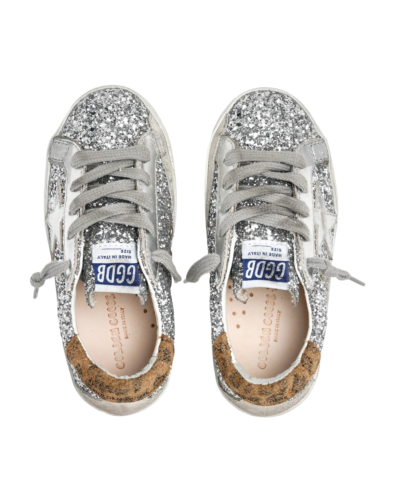 Kids | Super-Star Young Silver Glitter with With Silver Leather & Leopard Suede Heel Tab | Silver x Beige Brown Leo x Ice - Image 2