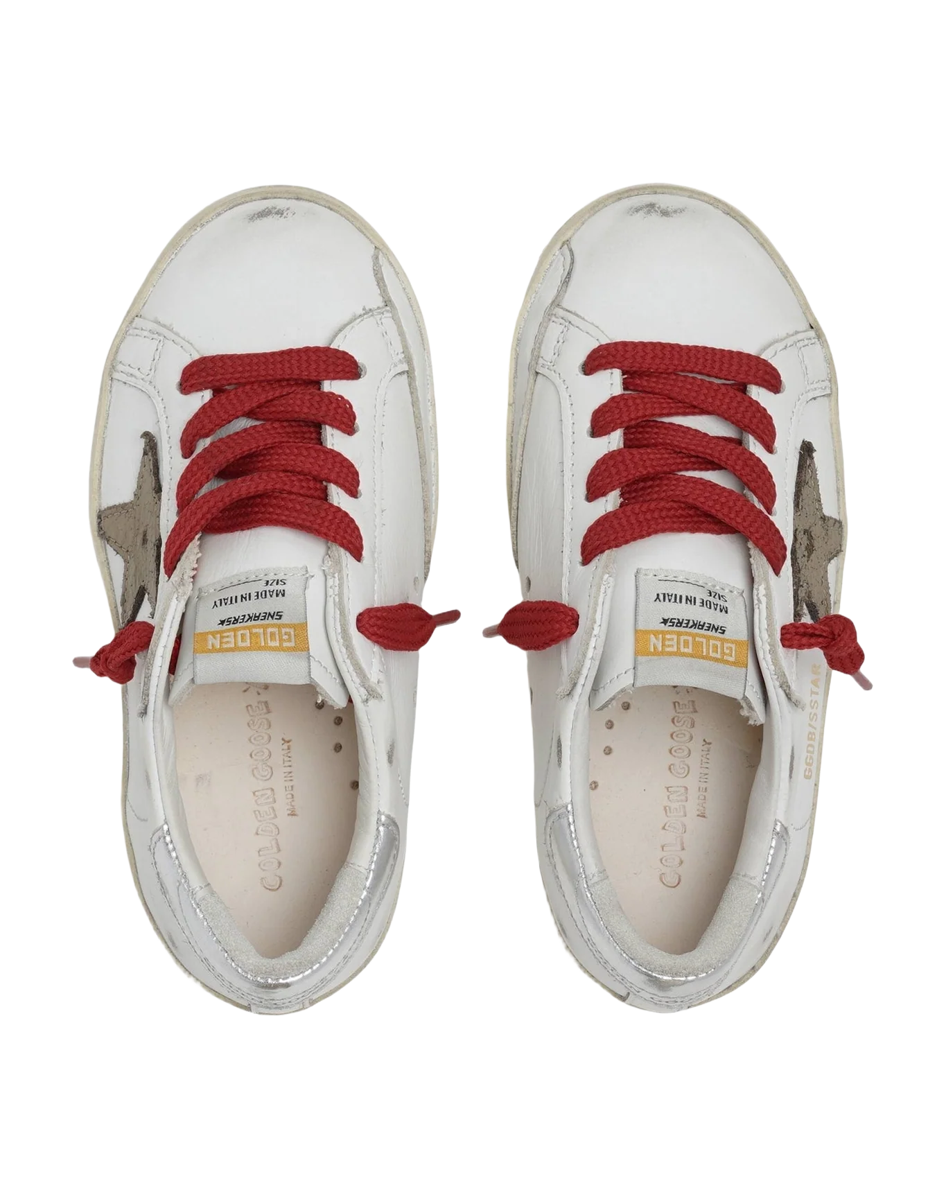Kids | Super-Star Young White Leather with Brown Star & Silver Metallic Heel Tab | White x Kaki x Silver