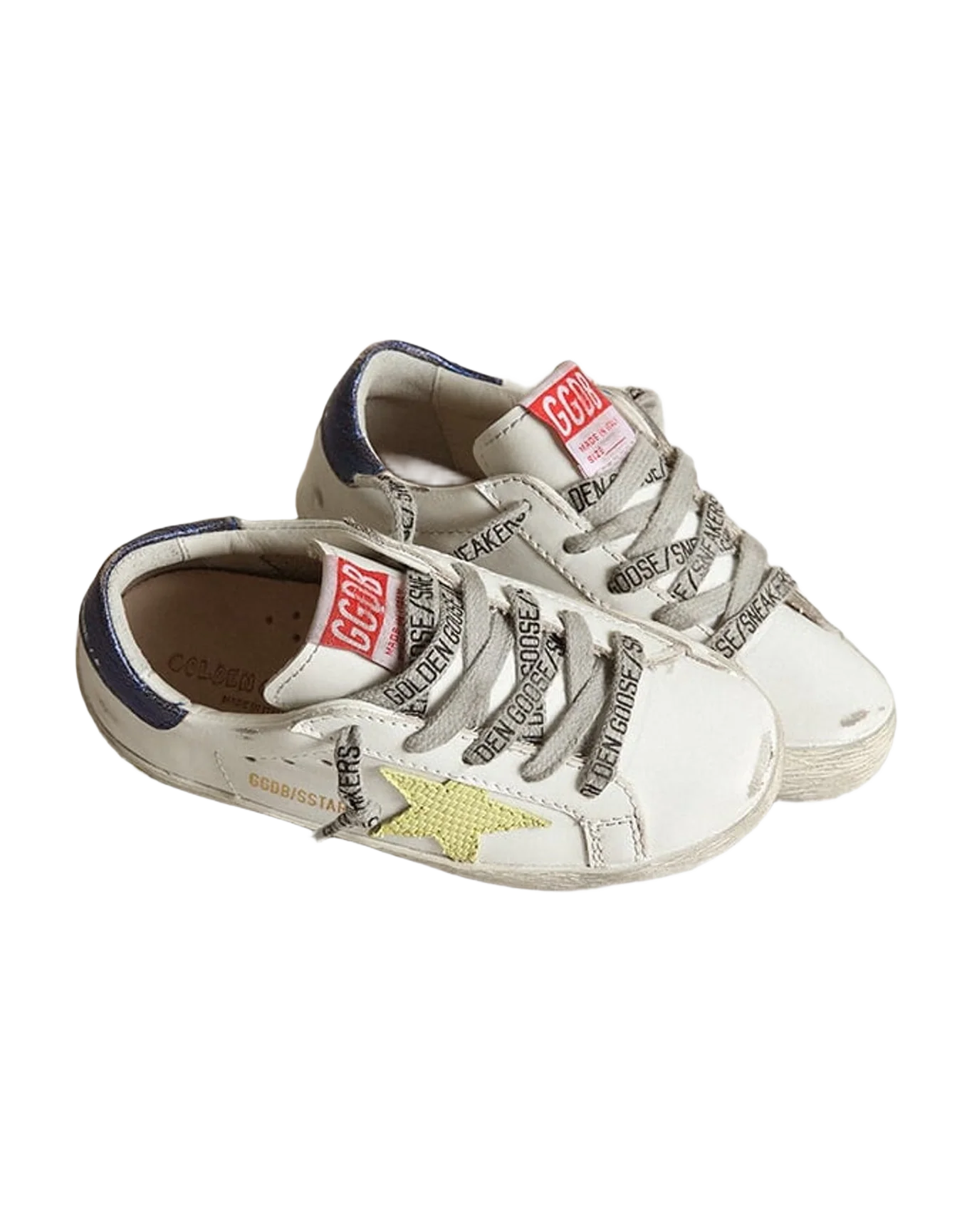 Kids | Super-Star Young White Leather with Light Green Star & Blue Metallic Heel Tab | White x Light Green x Bluette