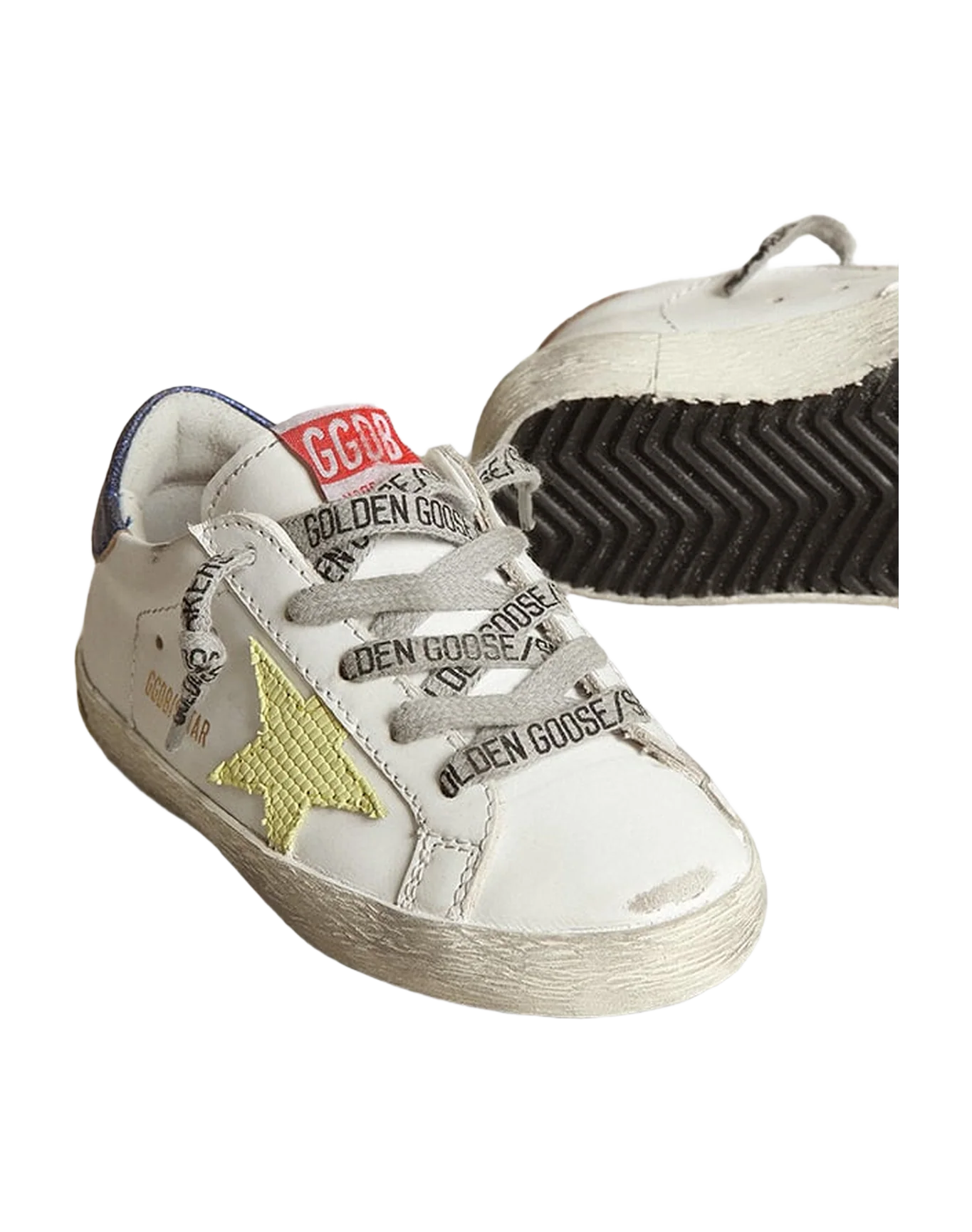 Kids | Super-Star Young White Leather with Light Green Star & Blue Metallic Heel Tab | White x Light Green x Bluette - Image 5