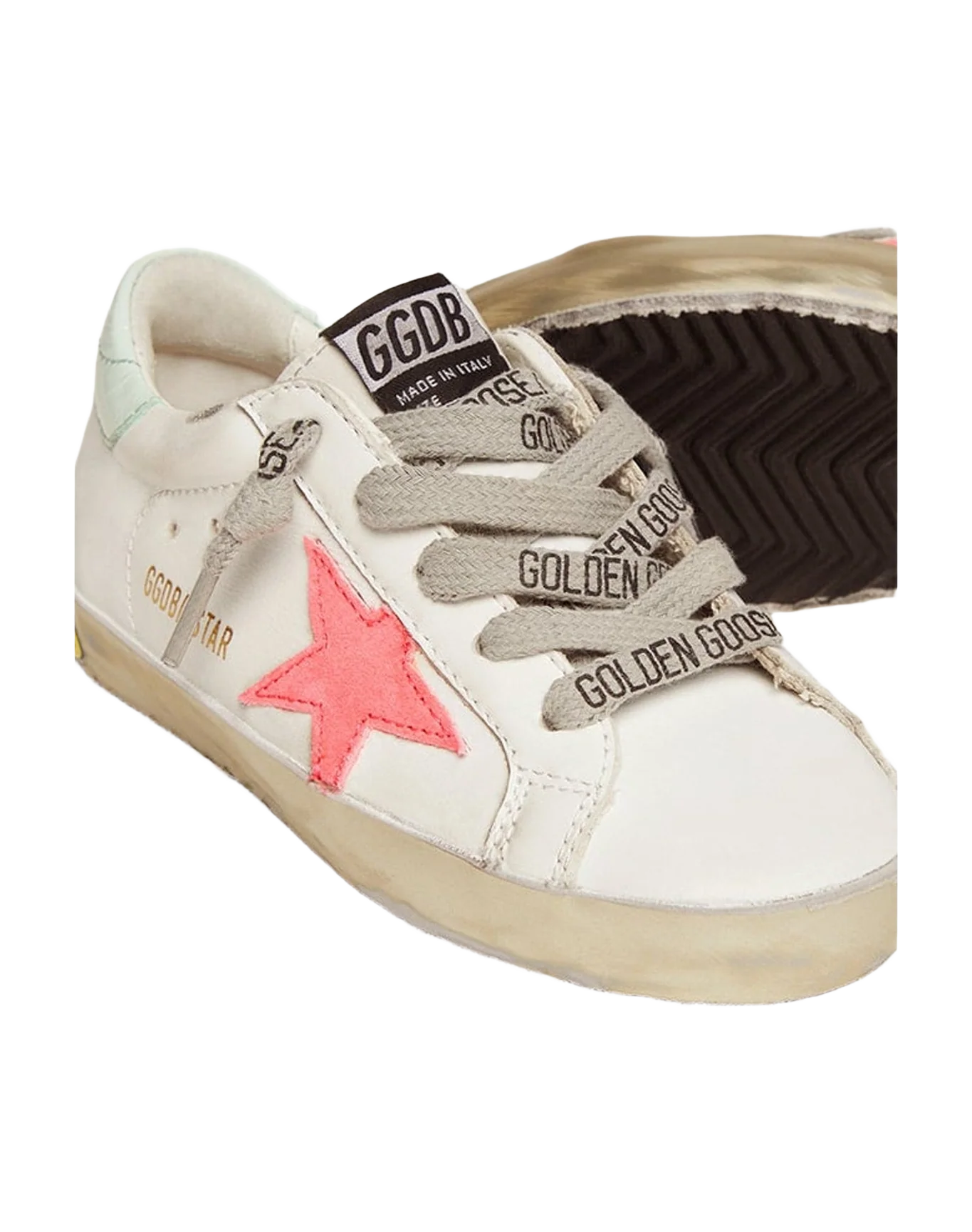Kids | Super-Star Young White Leather with Pink Suede Star & Acquamarine Heel Tab | White x Lobster Fluo x Aquamarine