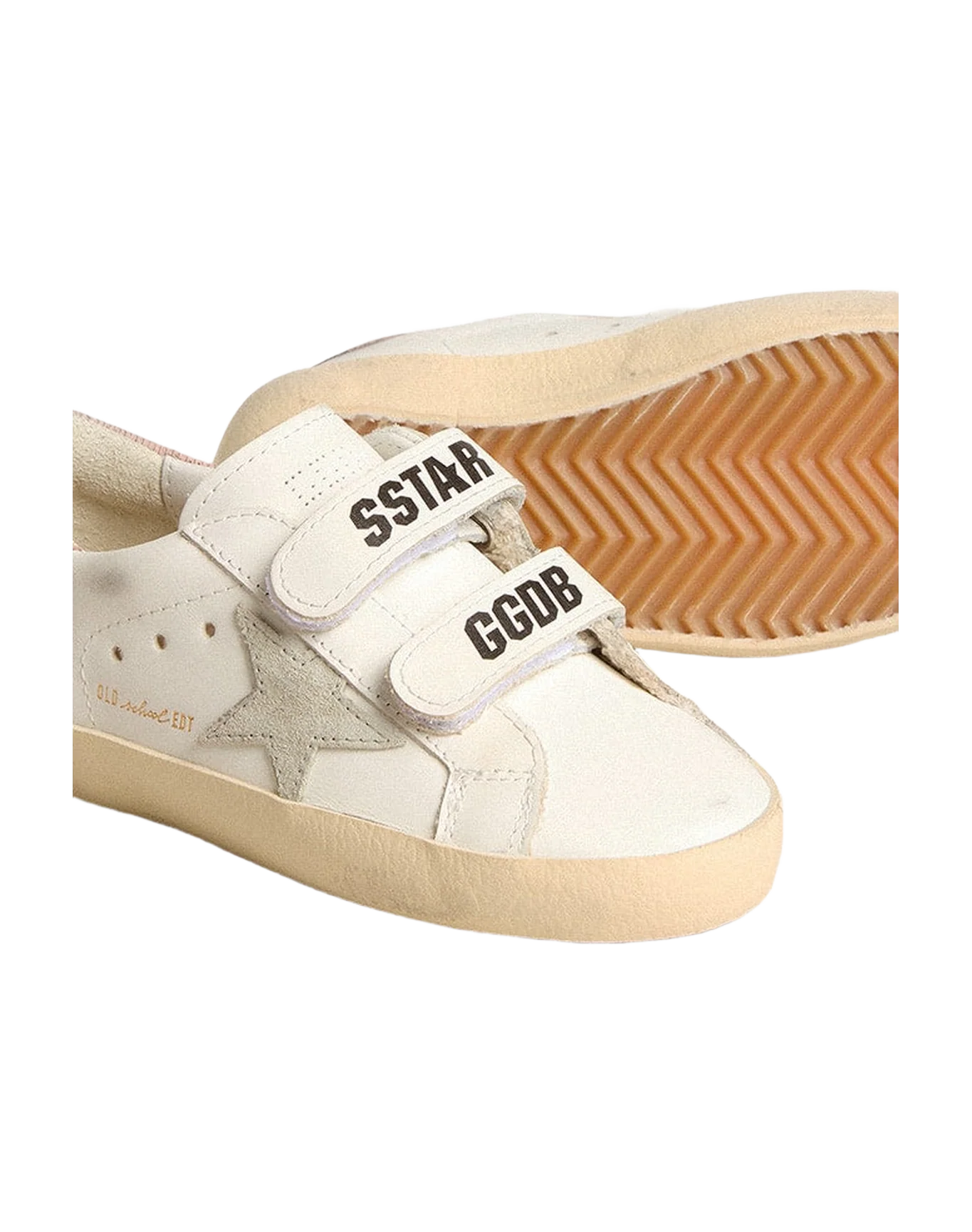 Kids | Young Old School Leather with Gray Suede Star & Old Rose Heel Tab | White x Ice x Antique Pink - Image 4