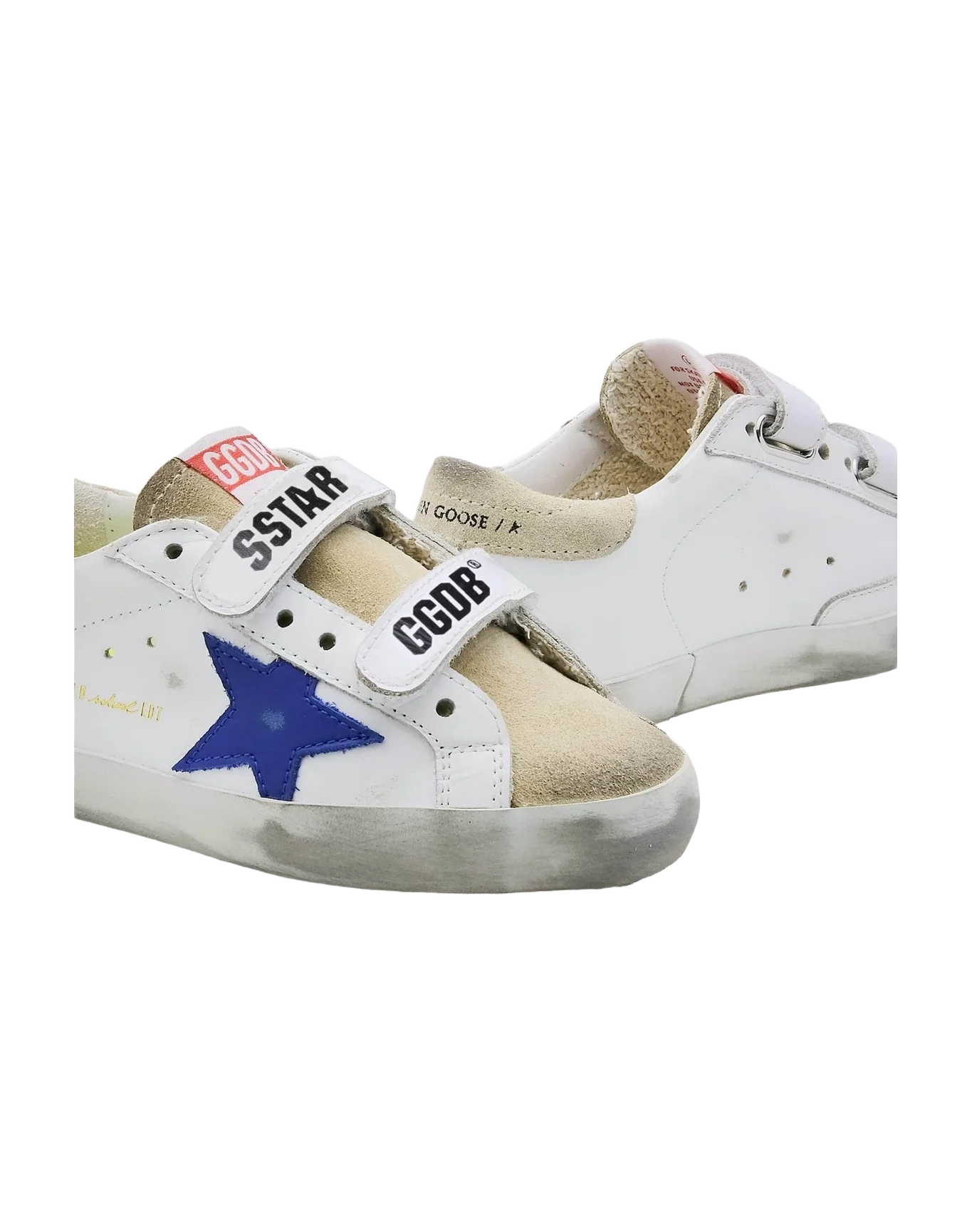 Kids | Young Old School Sneakers with Velcro Fastening & Blue Star | White x Cappuccino x Royal Blue x Ice