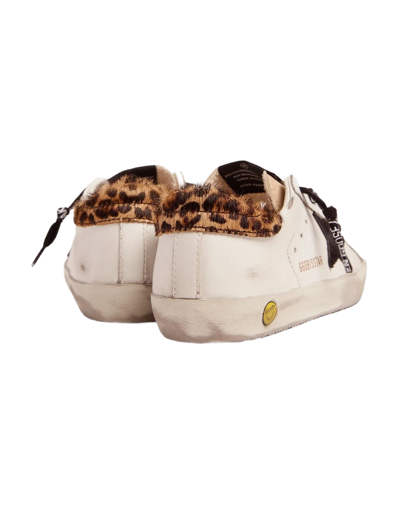 Kids | Young Super-Star Sneakers with Leopard-Print Pony Skin Heel Tab & Black Star | White x Beige x Black x Beige Brown Leo