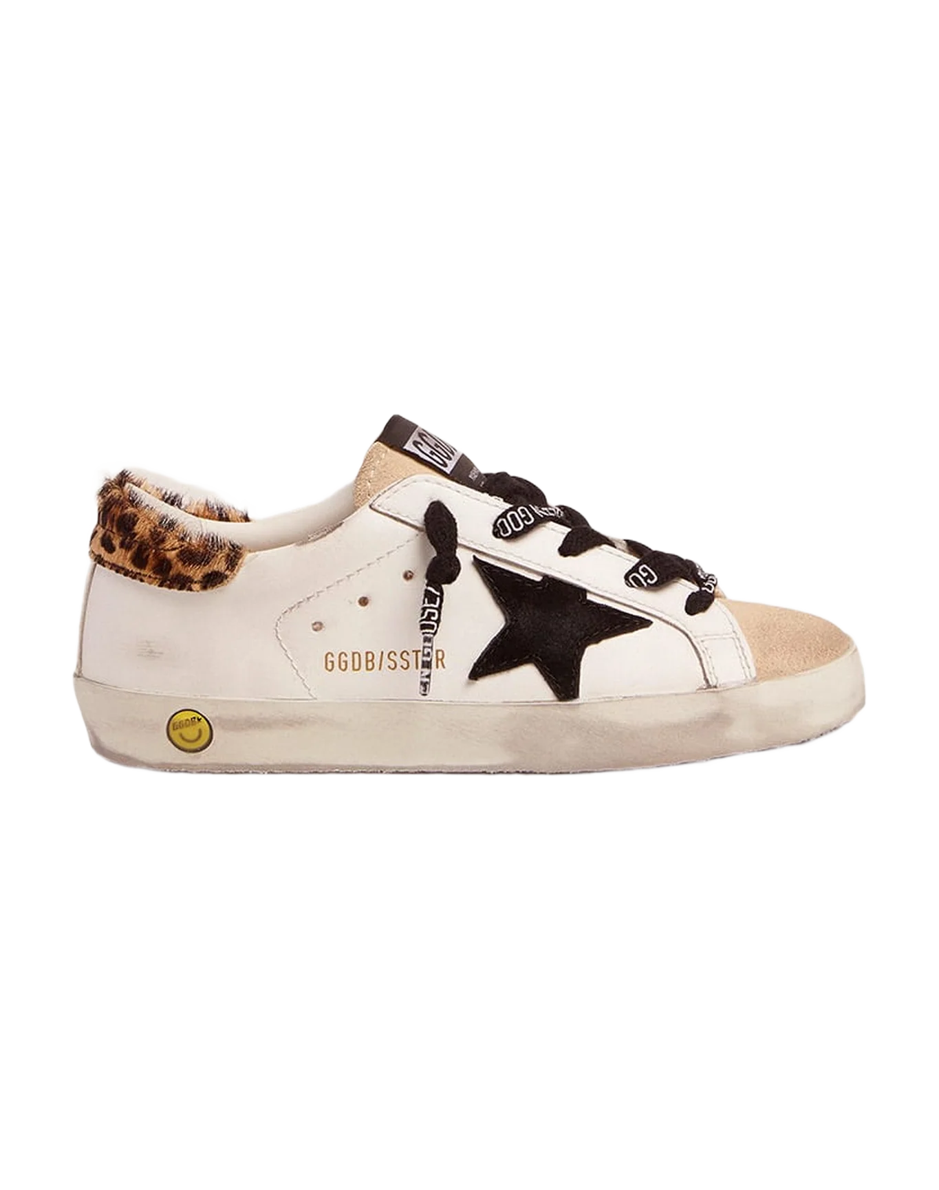 Kids | Young Super-Star Sneakers with Leopard-Print Pony Skin Heel Tab & Black Star | White x Beige x Black x Beige Brown Leo - Image 2